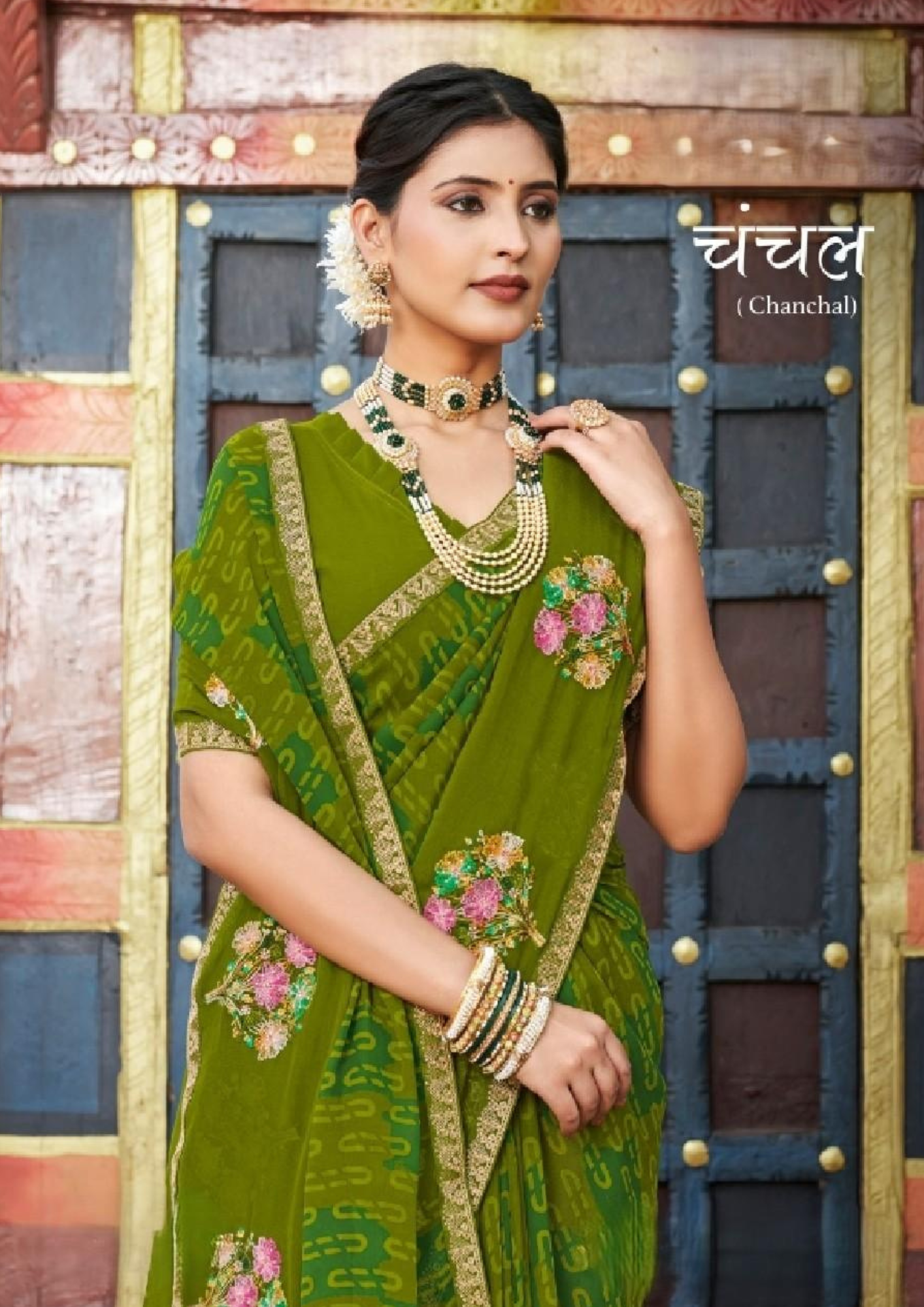 Chanchal Elegant Green Embroidered Saree