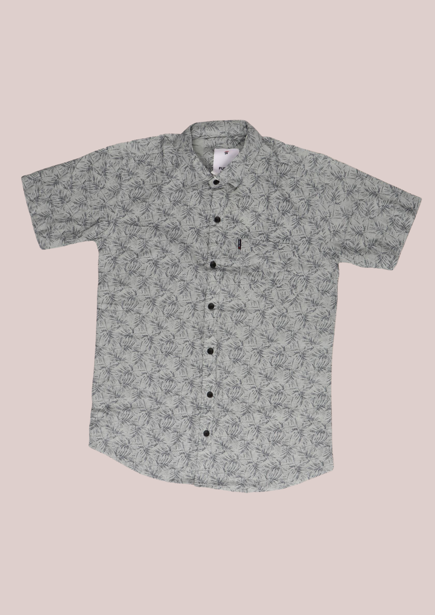 Purpel Men’s Grey Leaf Print Short Sleeve Casual Shirt