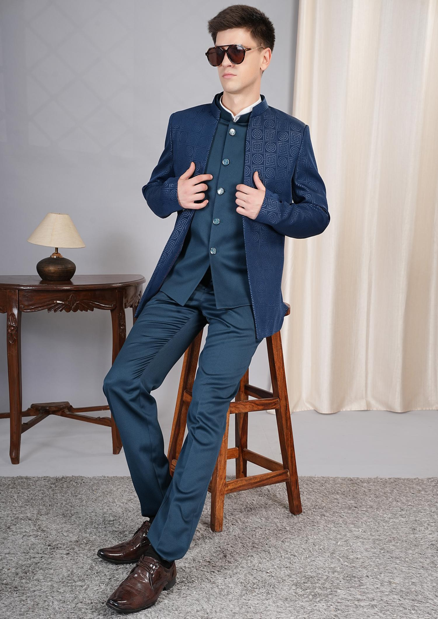 Royal Navy Blue Imported Indo-Western Suit with Textured Jacket – SNA-MSU