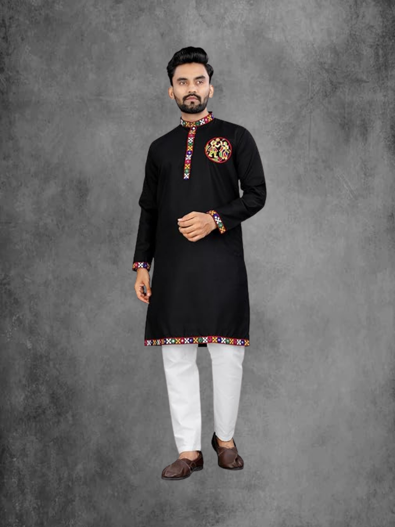 Men’s Black Festive Kurta with Multicolor Gujarati Embroidery – Ethnic Garba Edition