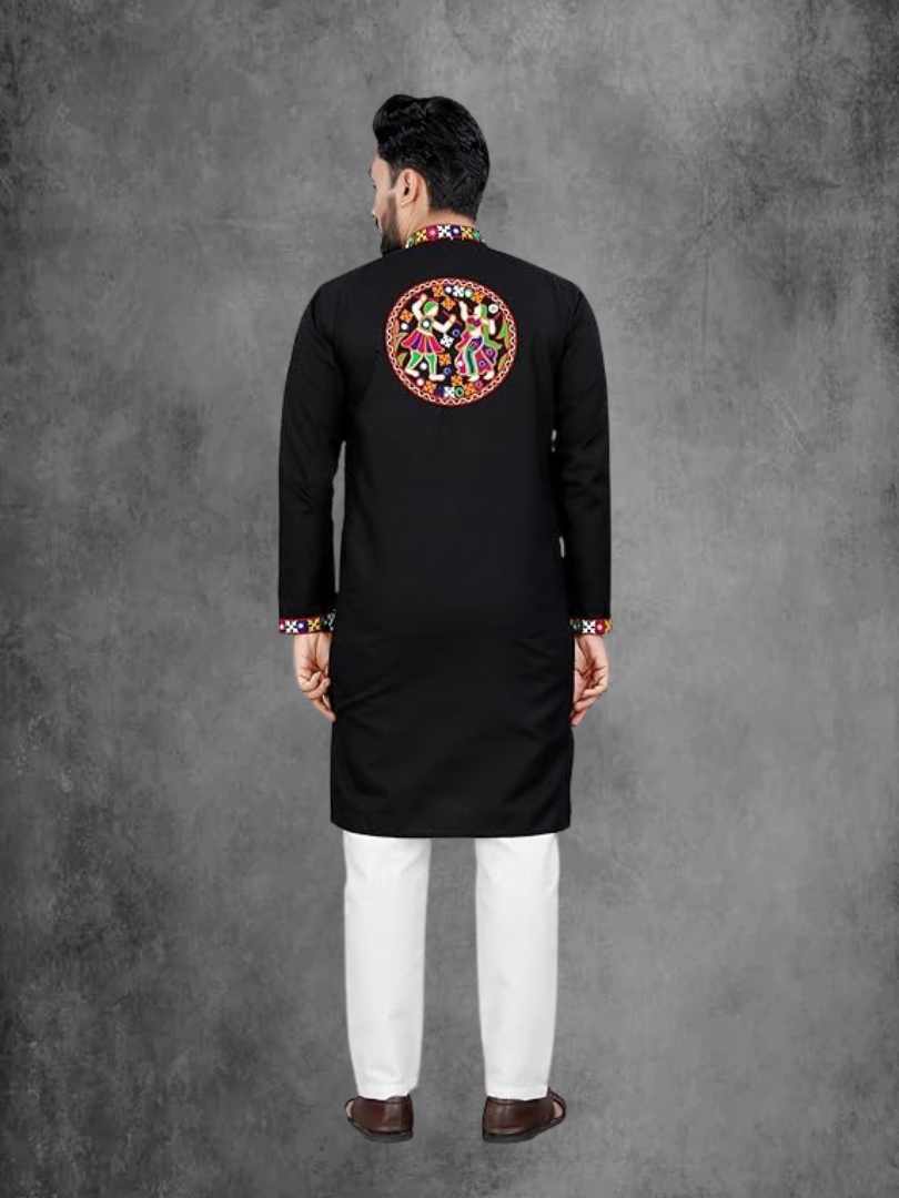 Men’s Black Festive Kurta with Multicolor Gujarati Embroidery – Ethnic Garba Edition - Image 2