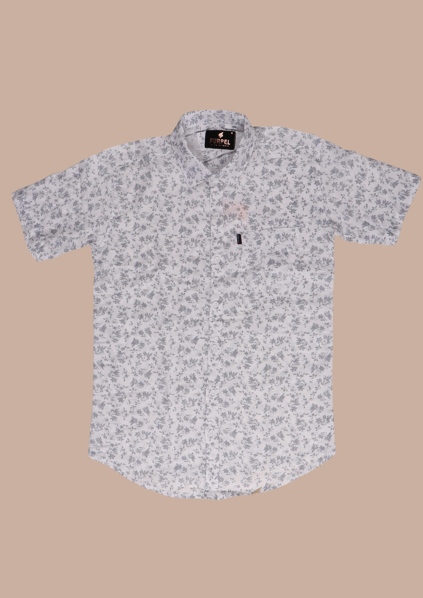 Purpel Men’s White Floral Printed Short Sleeve Casual Shirt