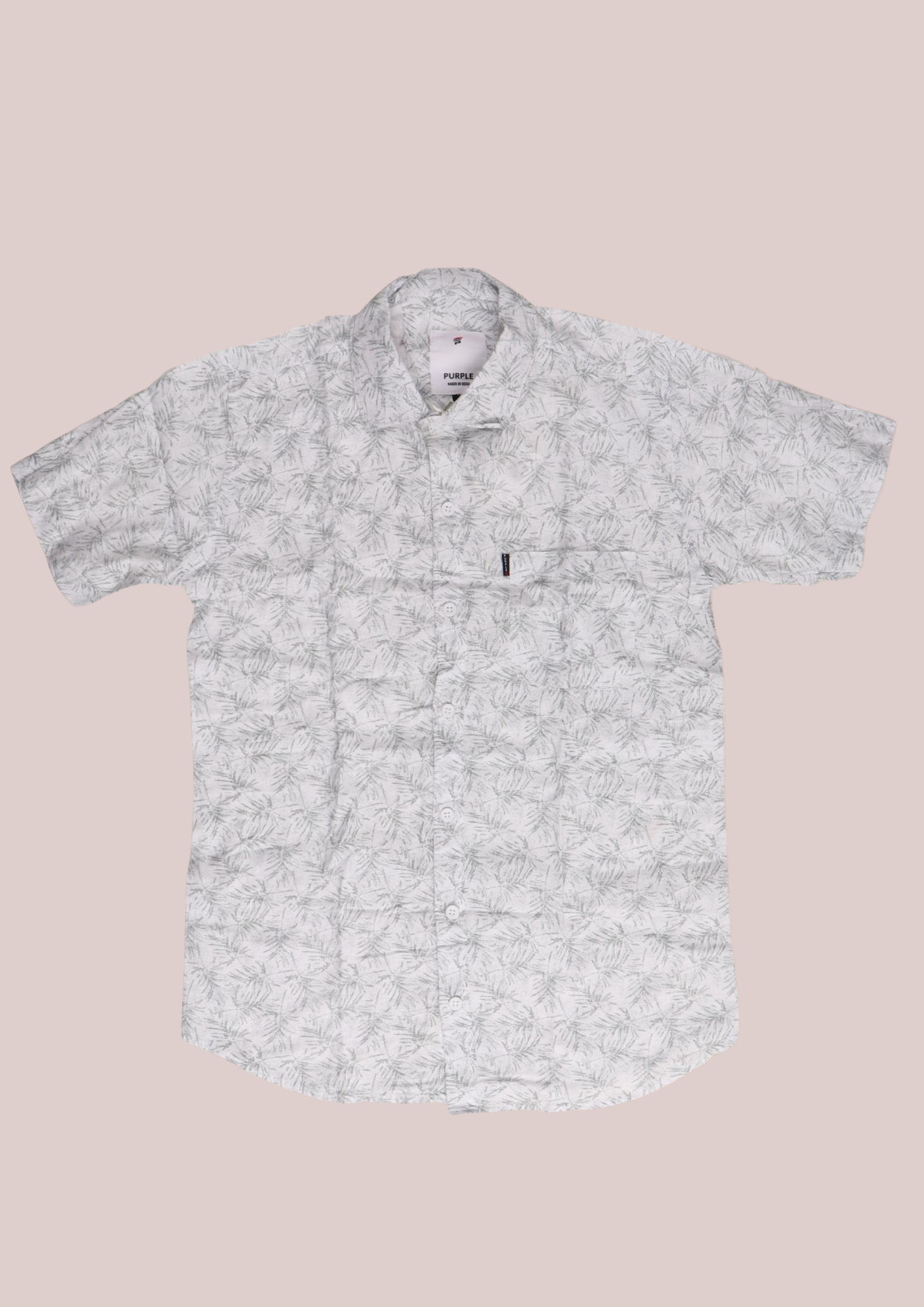 Purpel Men’s Grey Leaf Print Short Sleeve Casual Shirt - Image 2