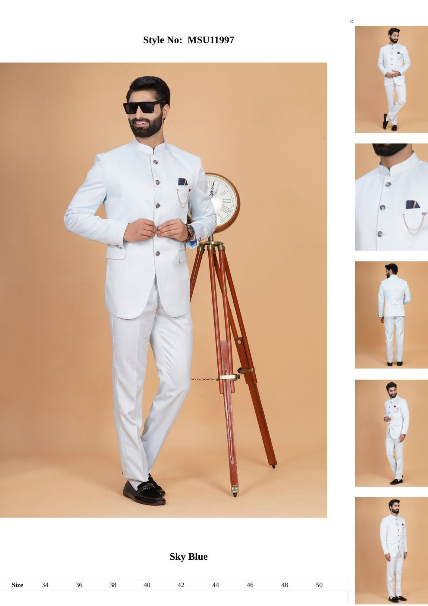 Sky Blue Indo-Western Suit with Mandarin Collar & Pocket Chain – Style MSU11997