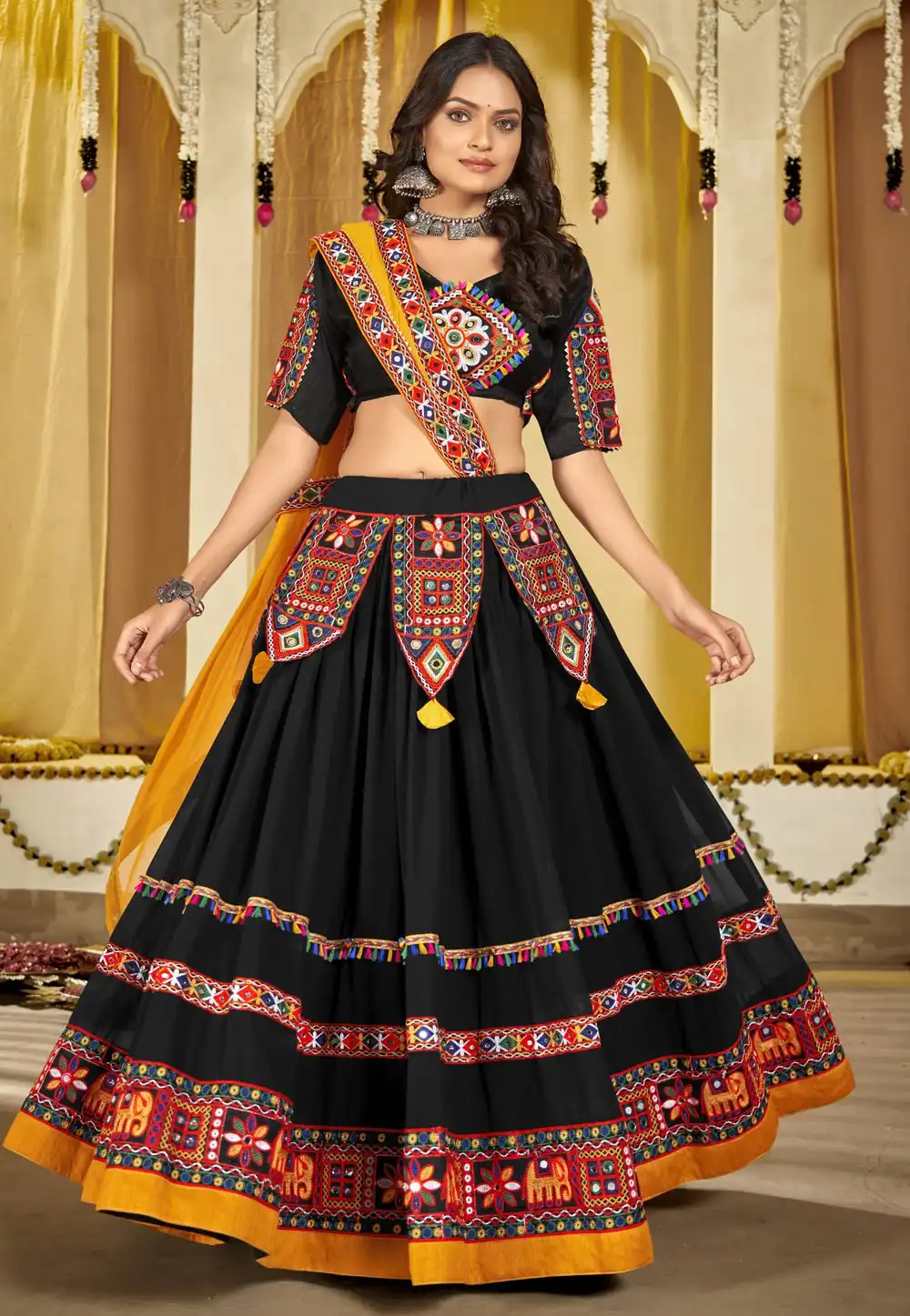 Women’s Black Embroidered Navratri Chaniya Choli Set with Dupatta – Mirror & Thread Work