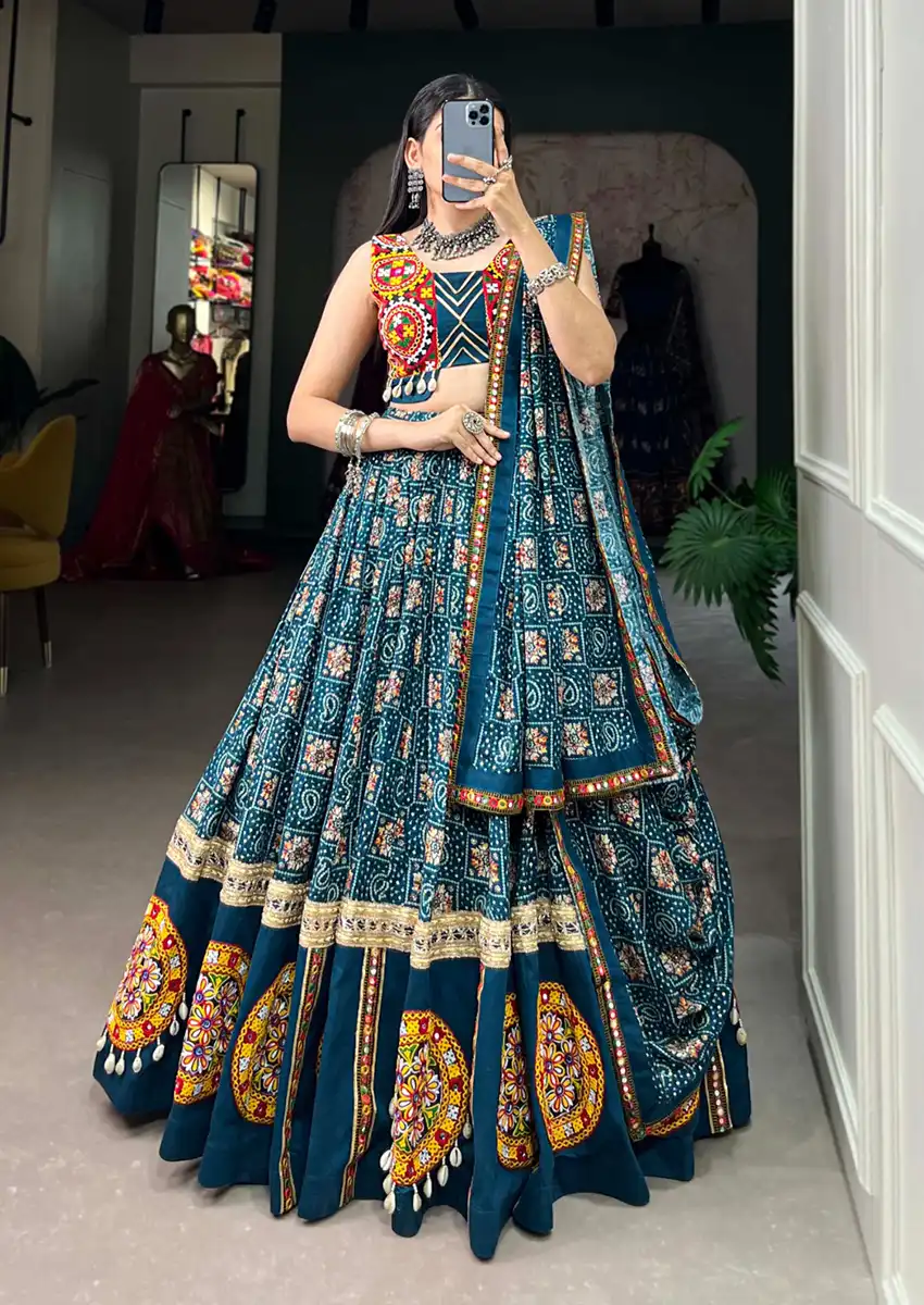 Women’s Blue Gamthi Work Navratri Chaniya Choli Set with Mirror & Bead Embellishments