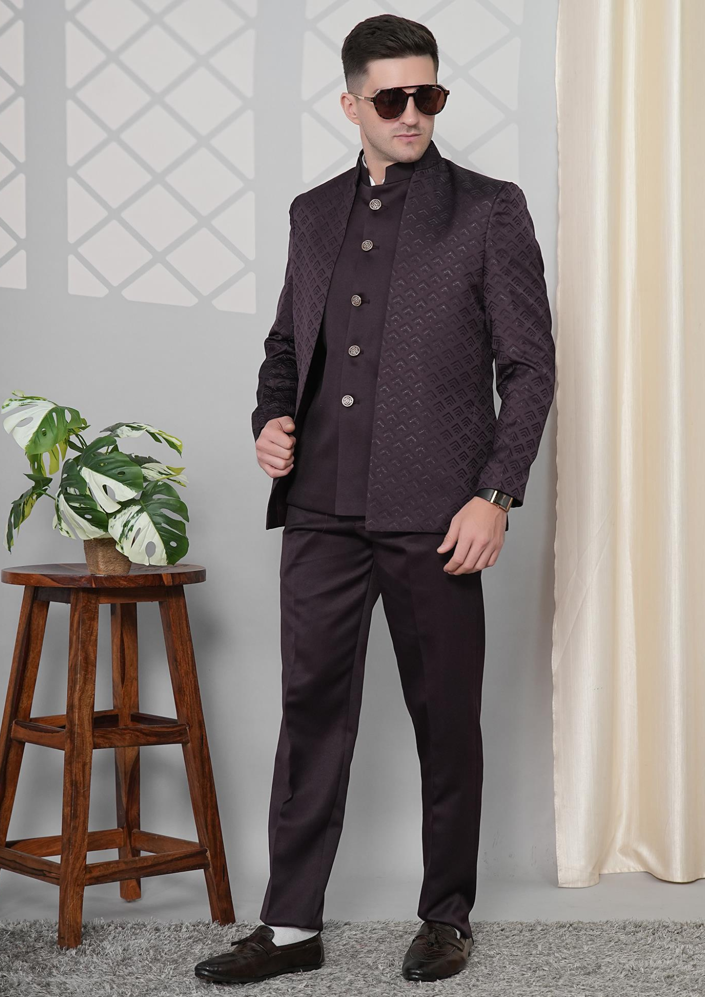 Wine Textured Bandhgala Suit – Elegant Party & Wedding Wear for Men