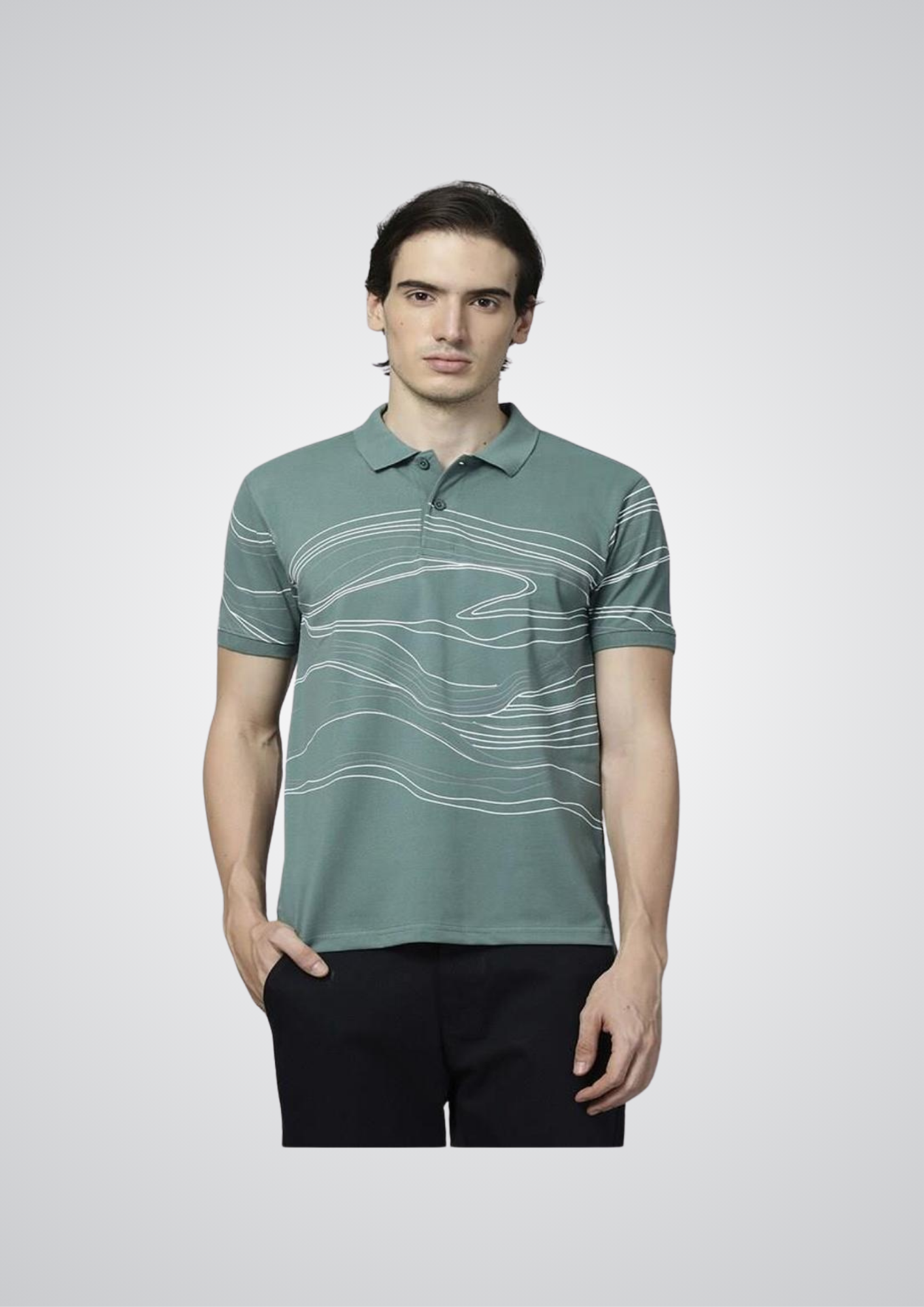 Green Polo T-Shirt for Men with White Wave Print Design (ALTFW24POLO85-1)