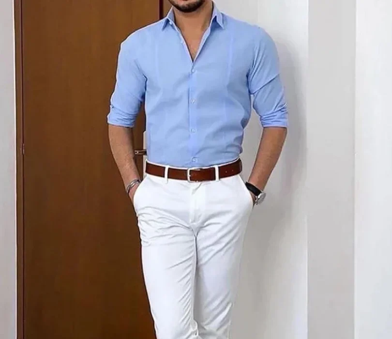 Men’s Sky Blue Elegance Set – Stretch Cotton Shirt & Classic White Slim Trousers