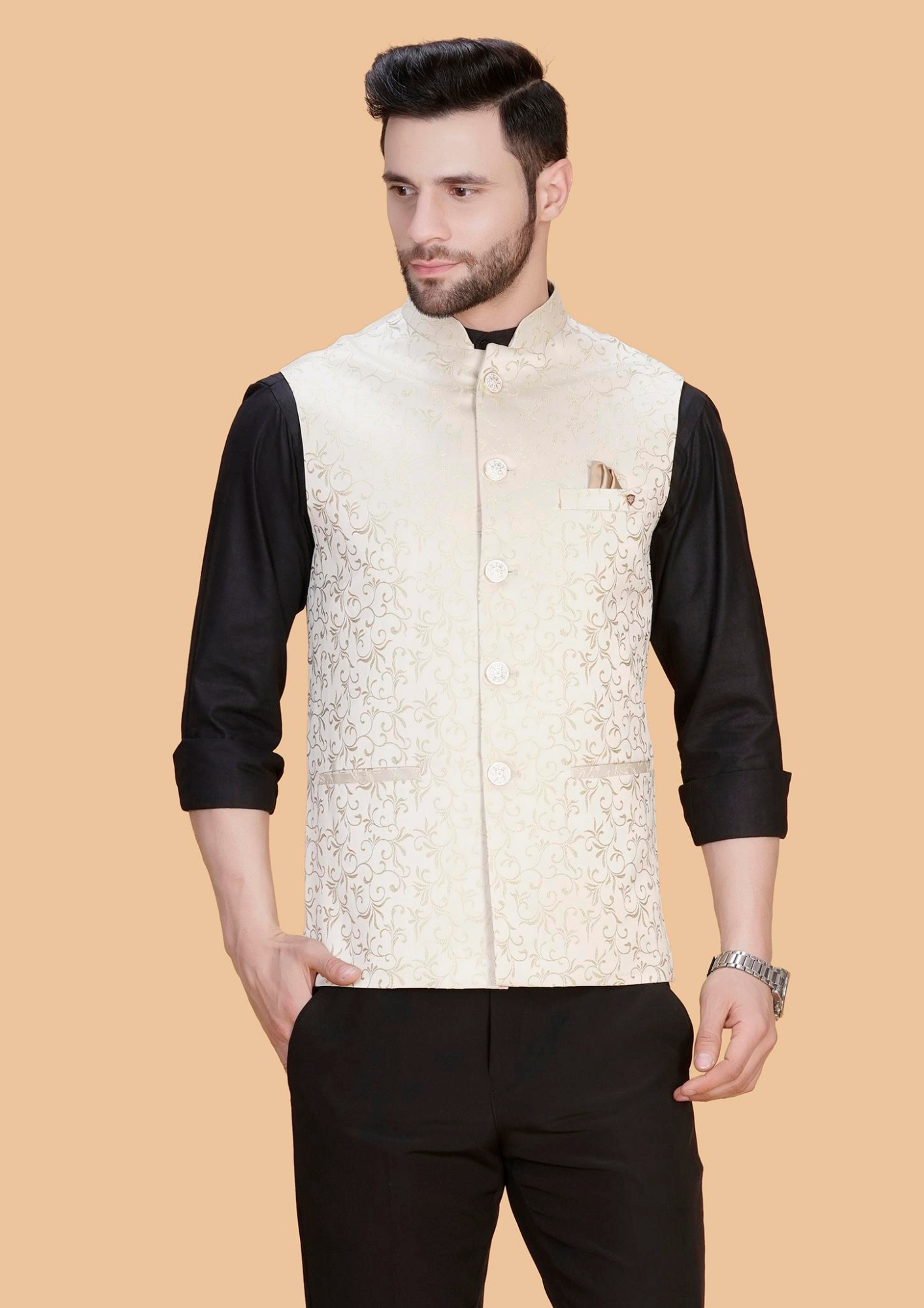 Men’s Cream Gold Designer Waistcoat – MWC11854