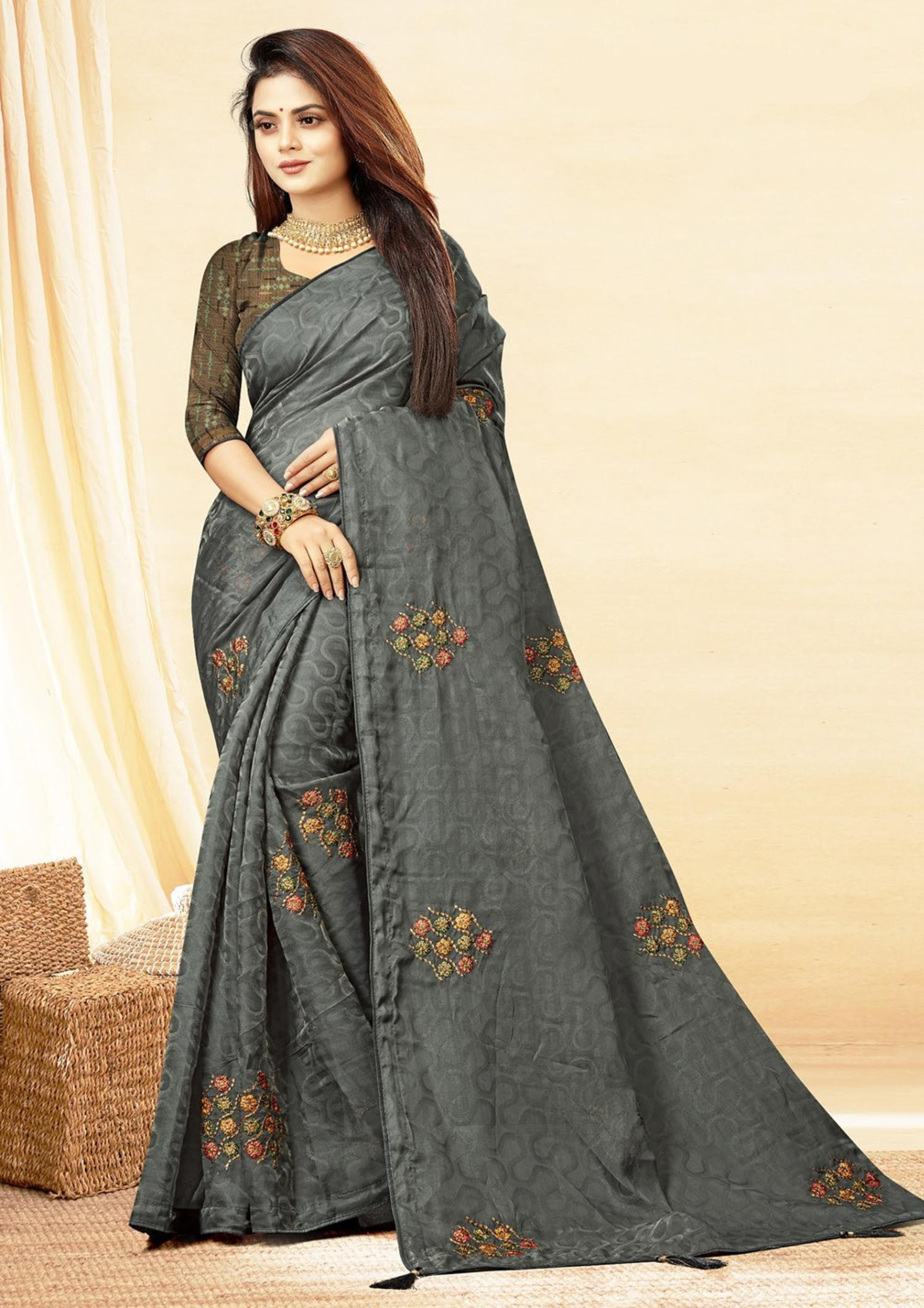 Elegant Charcoal Grey Embroidered Silk Saree with Contrast Blouse