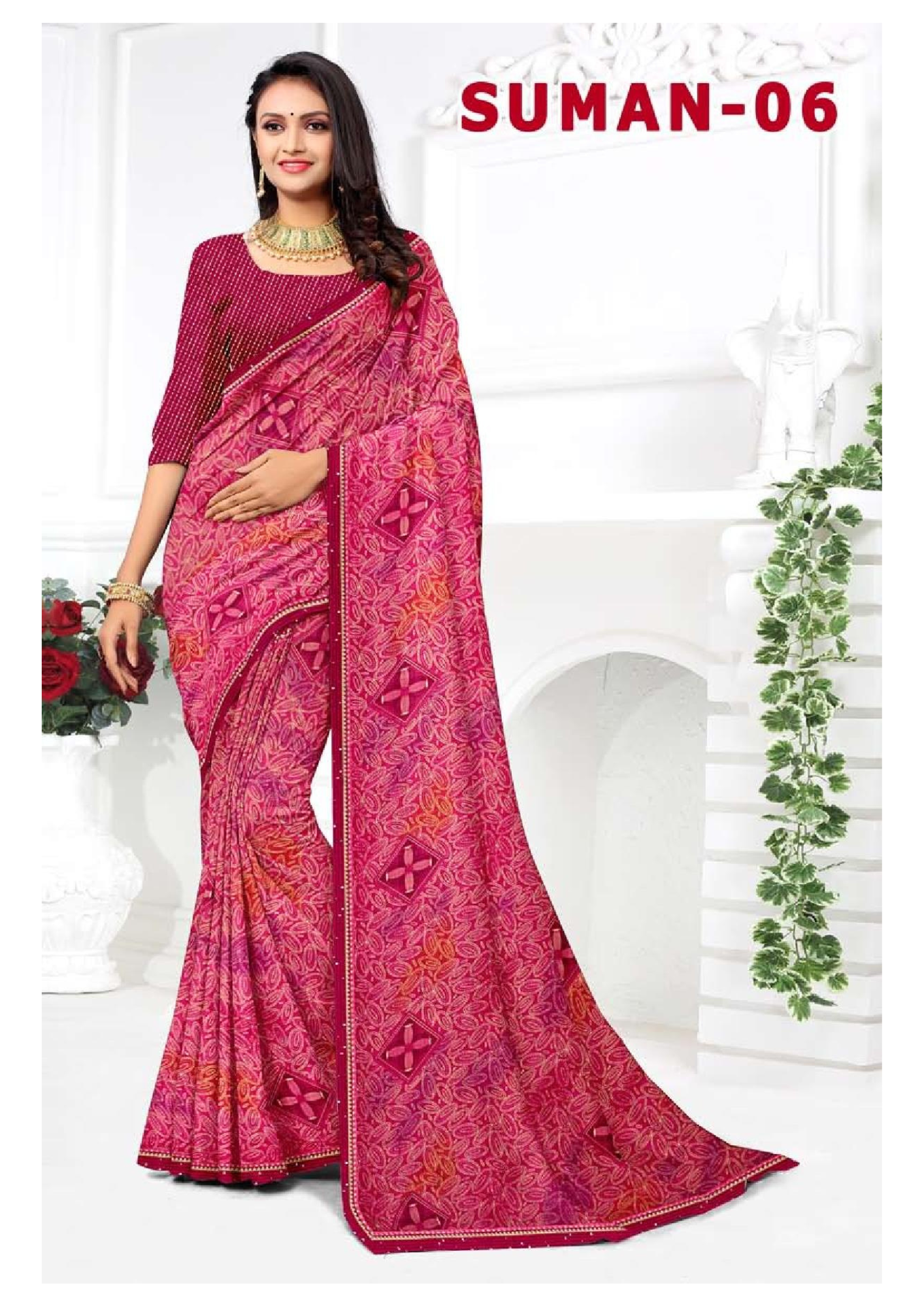 Suman-06 Pink Ethnic Printed Georgette Saree with Matching Blouse