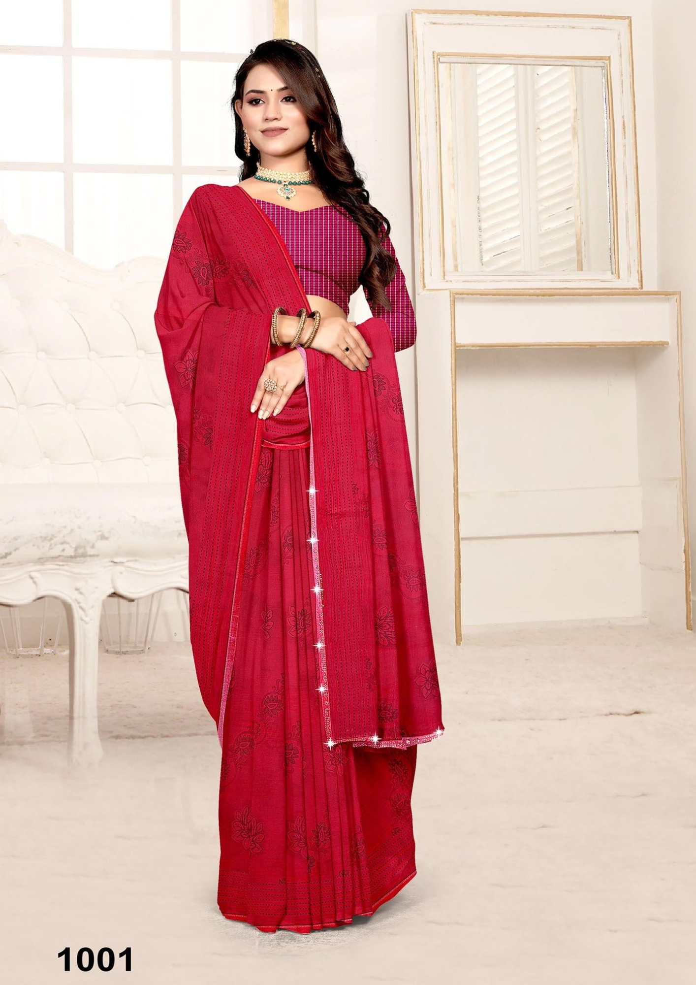 Classic Maroon Woven Cotton Saree with Subtle Floral Prints & Matching Blouse – 1001