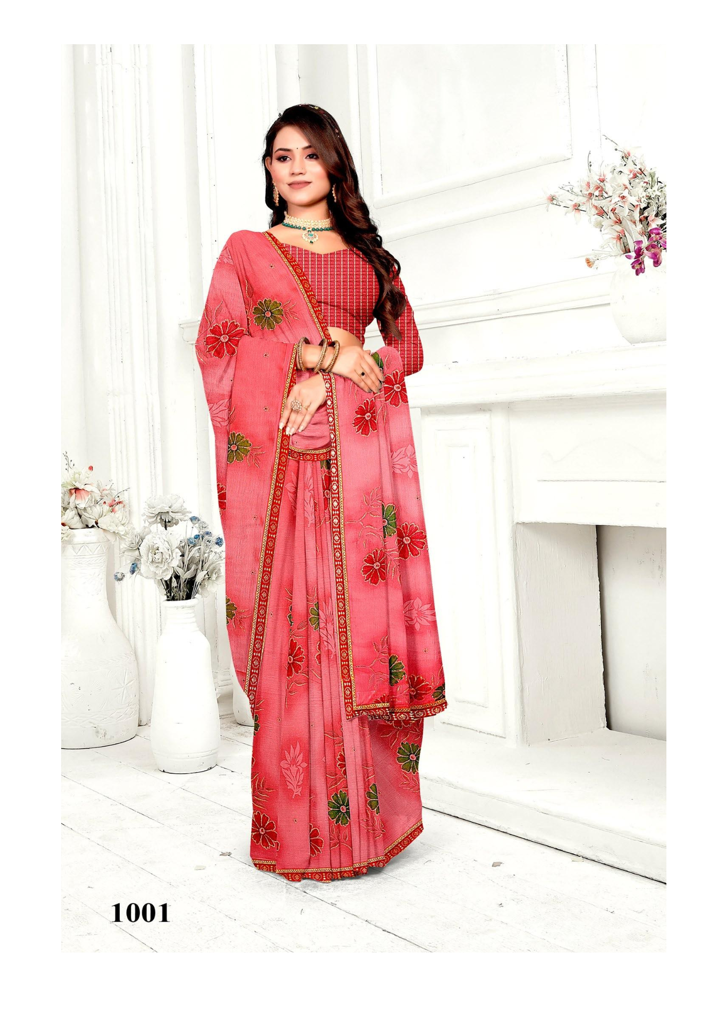 Elegant Pink Floral Embroidered Silk Saree with Matching Blouse – 1001