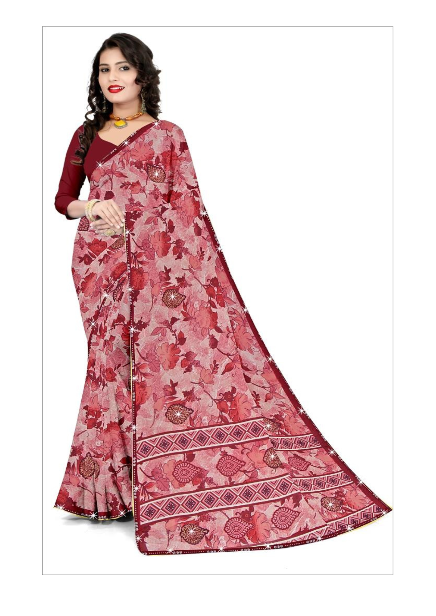 Crimson Blossom Floral Printed Saree – Elegant Maroon & Pink Traditional Wear