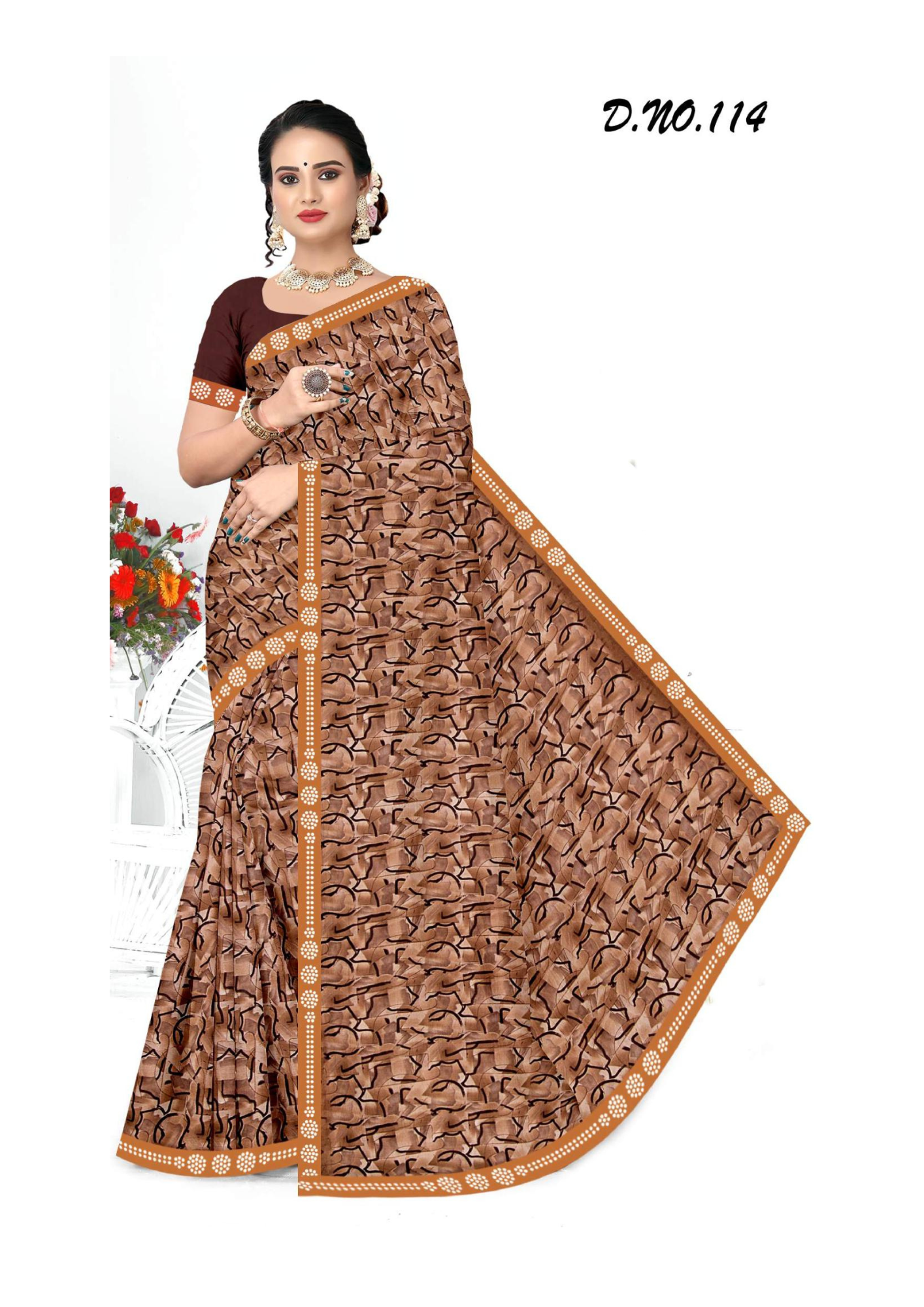 Elegant Brown Abstract Printed Saree with Contrast Border – D.No.114