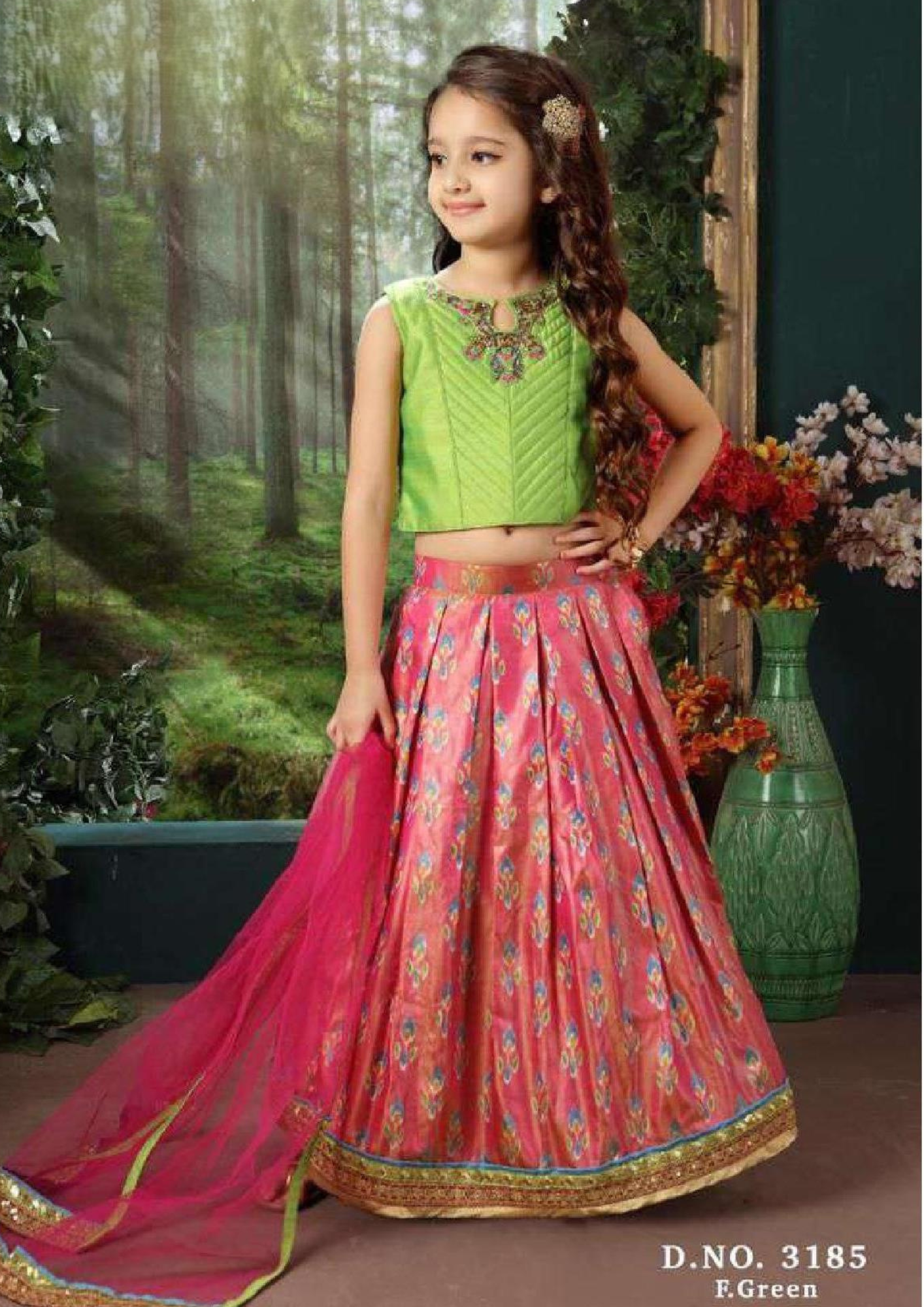 Girls Festive Wear Green & Pink Silk Lehenga Choli with Dupatta – D.No. 3185