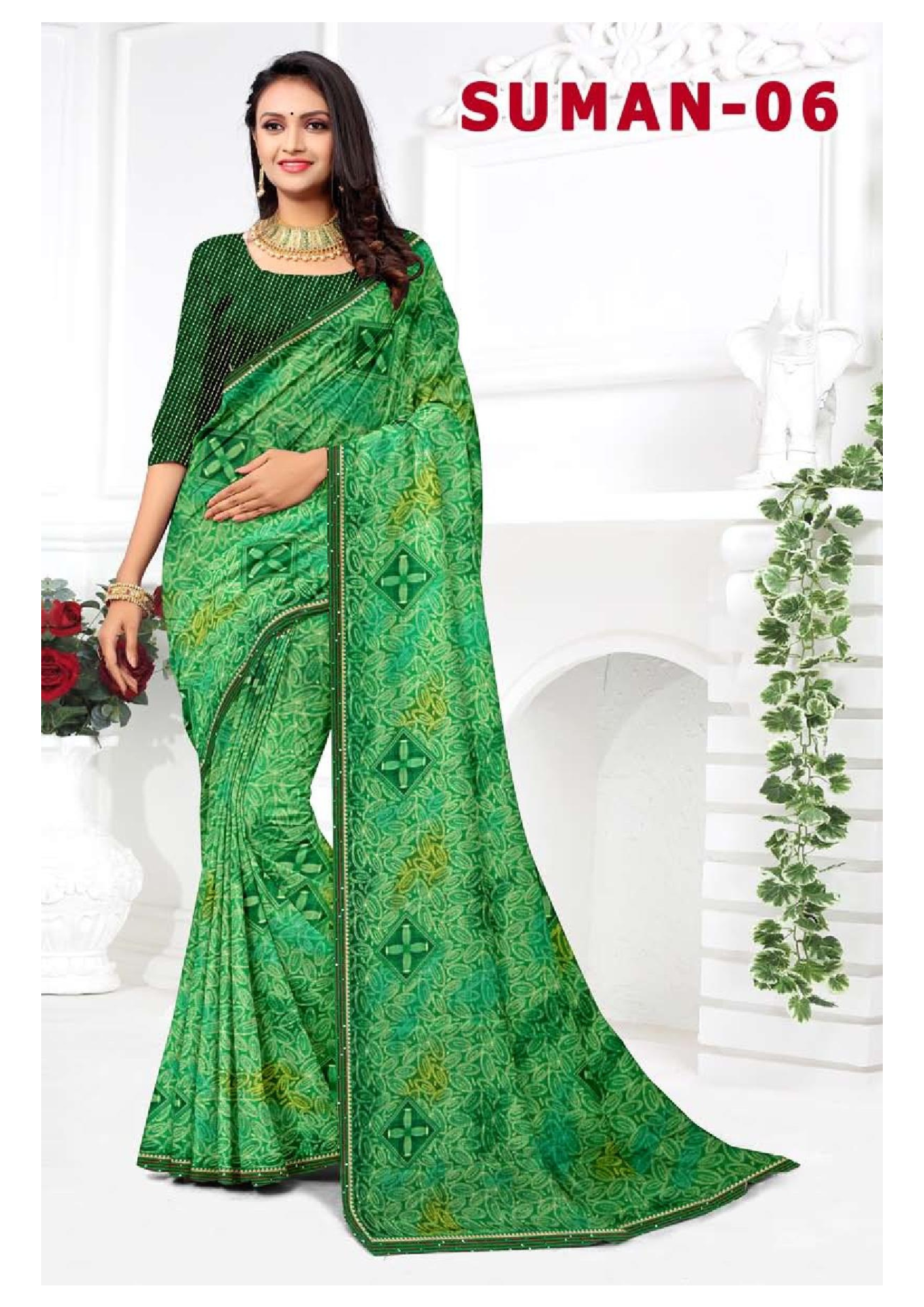 Suman-06 Pink Ethnic Printed Georgette Saree with Matching Blouse - Image 2