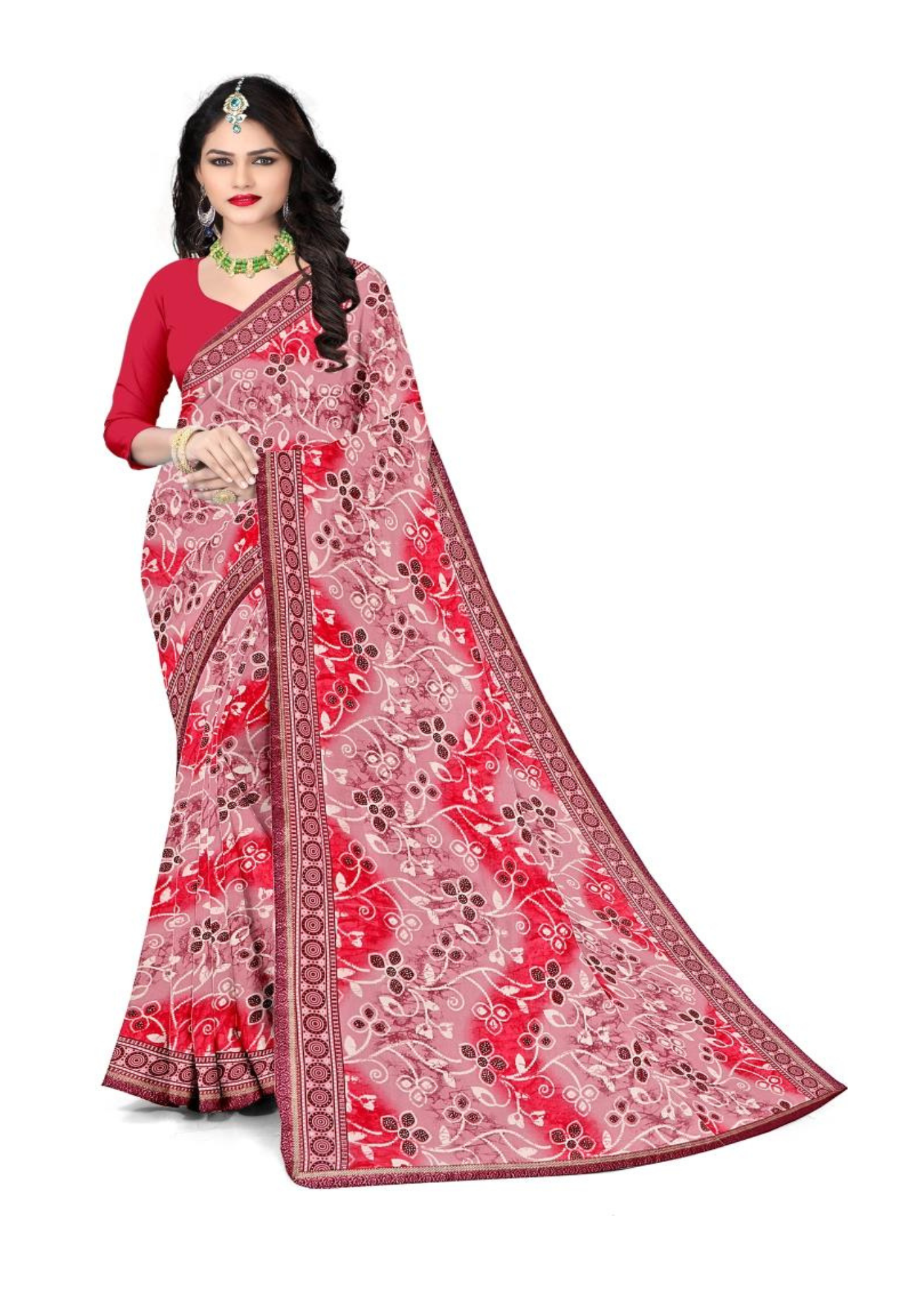 Crimson Blossom Floral Printed Georgette Saree with Designer Border & Blouse Piece