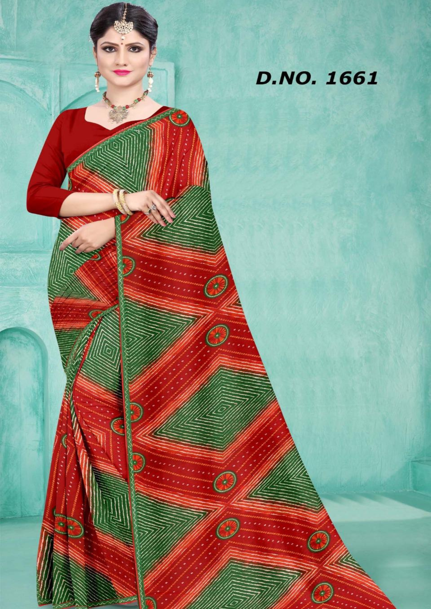 Classic Red & Green Geometric Print Saree with Matching Blouse – Elegant Traditional Wear (D.No. 1661)