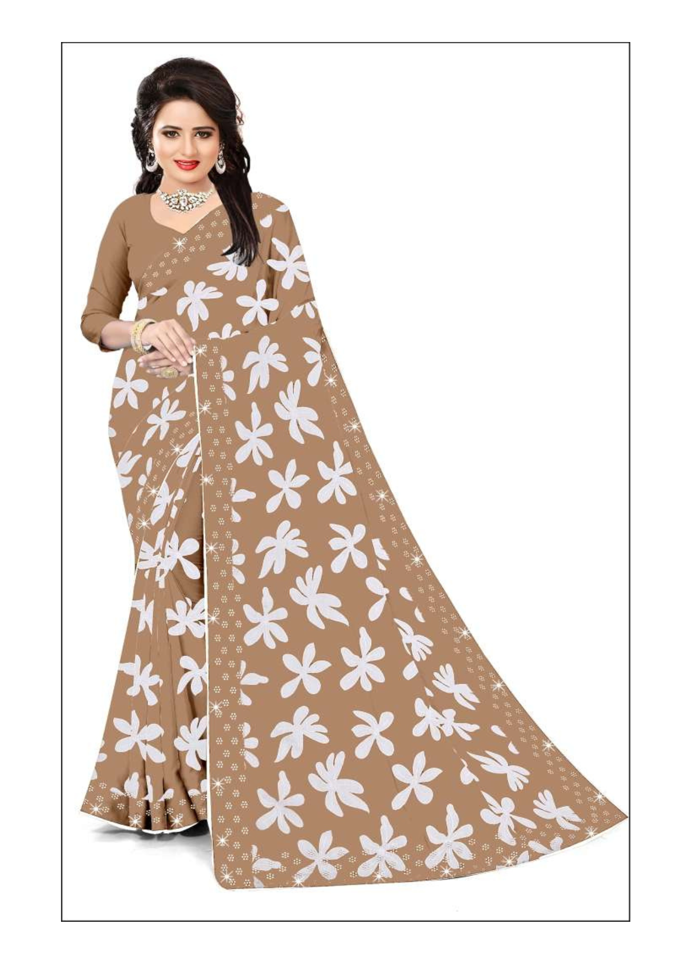 Elegant Coffee Brown Floral Printed Saree with Matching Blouse – Classic Everyday Elegance