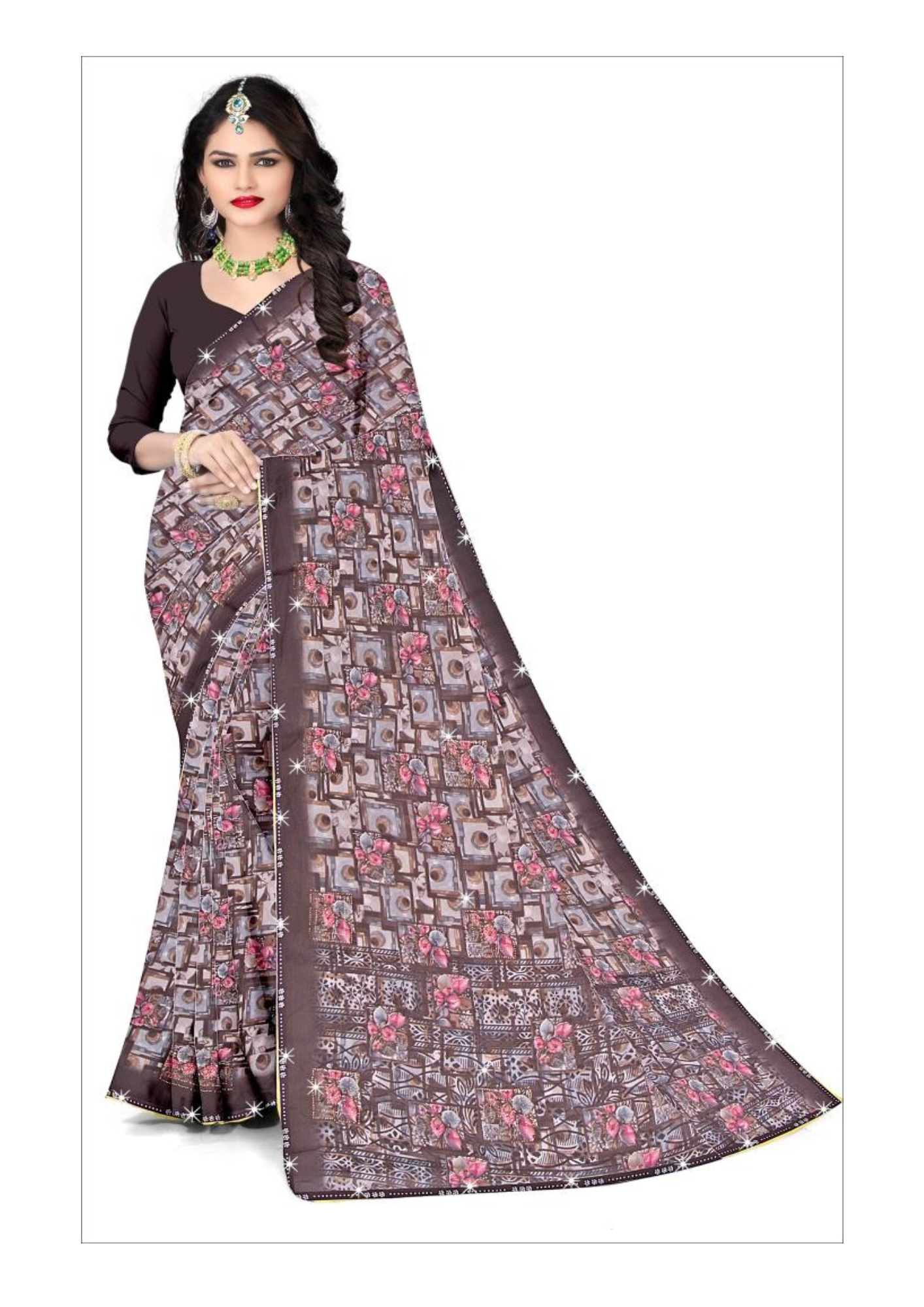 Elegant Cocoa Charm Printed Saree – Modern Geometric & Floral Fusion Design