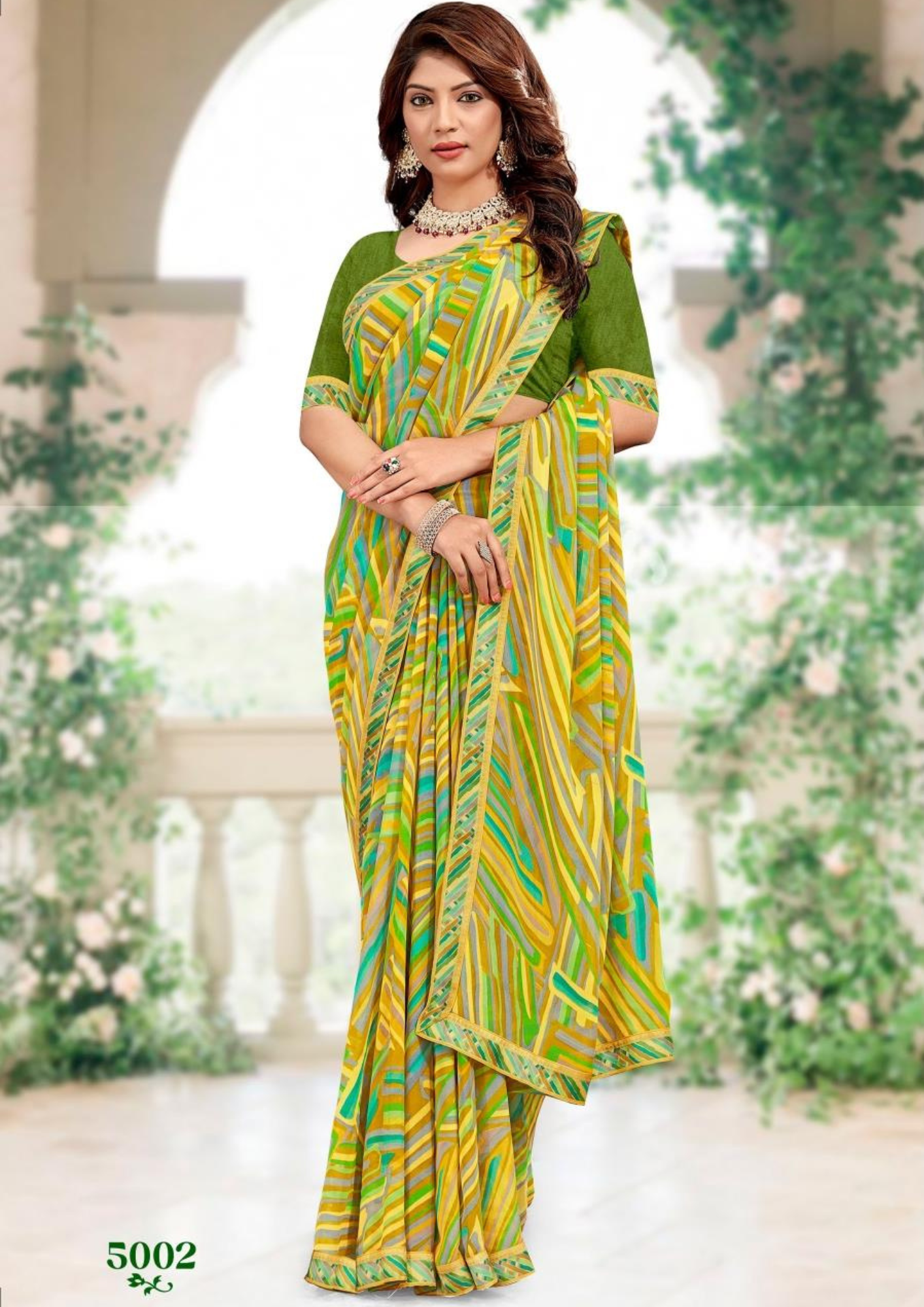 Vibrant Yellow-Green Abstract Printed Saree with Contrast Olive Blouse