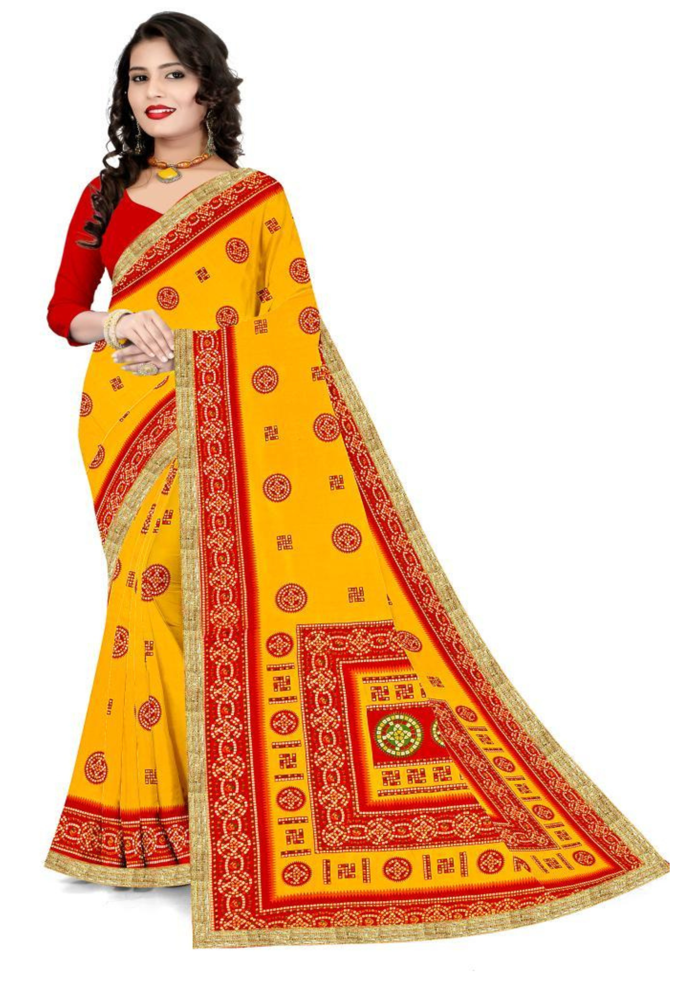 Aaradhya Traditional Yellow & Red Puja Saree with Zari Border