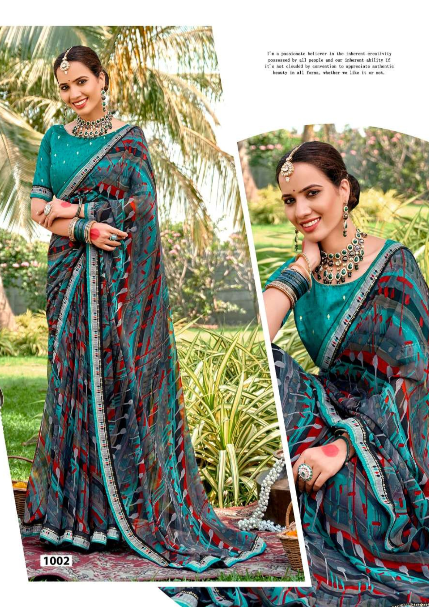 Teal Blue & Charcoal Grey Georgette Saree with Abstract Print and Mirror Work Border