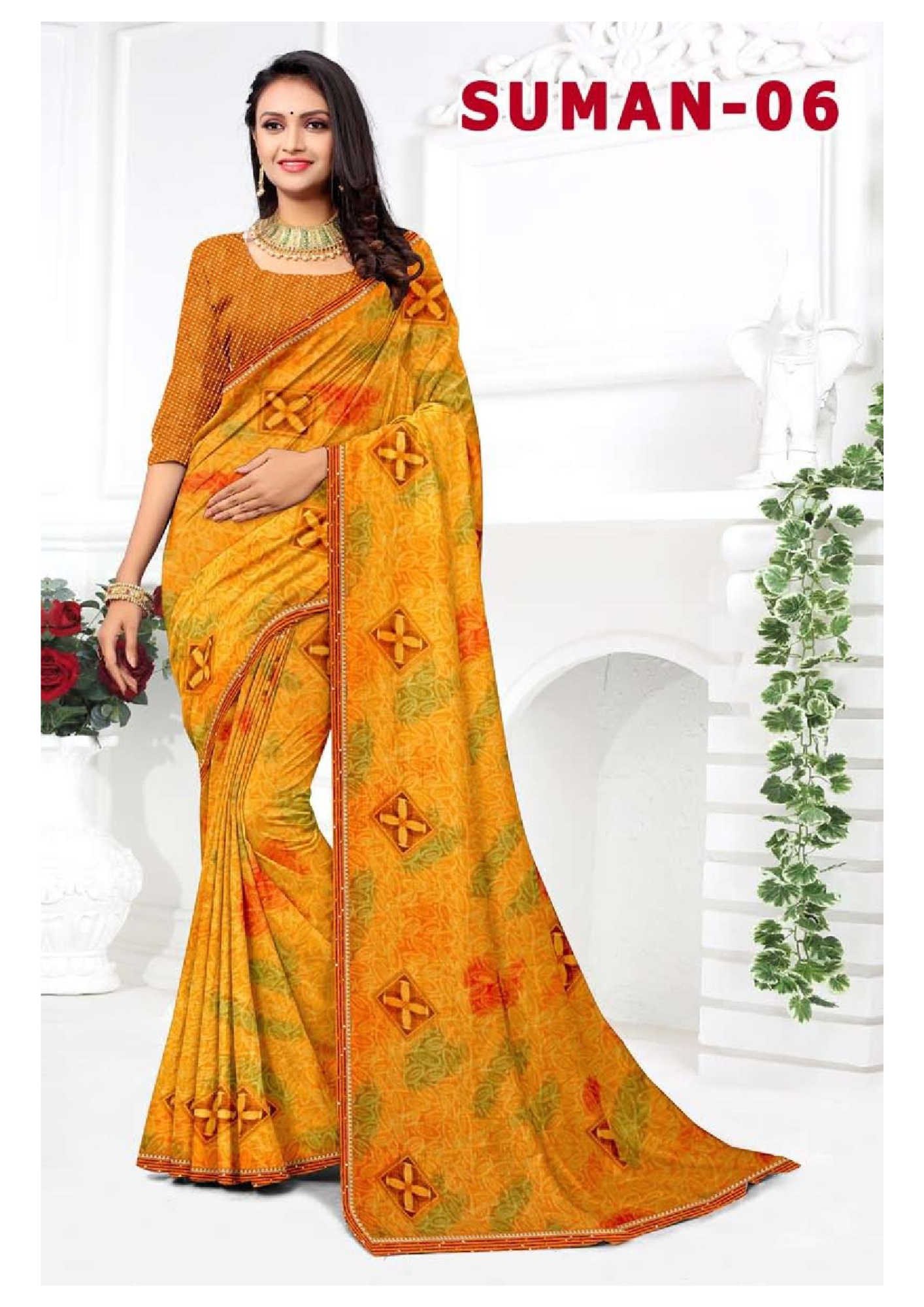 Suman-06 Pink Ethnic Printed Georgette Saree with Matching Blouse - Image 3