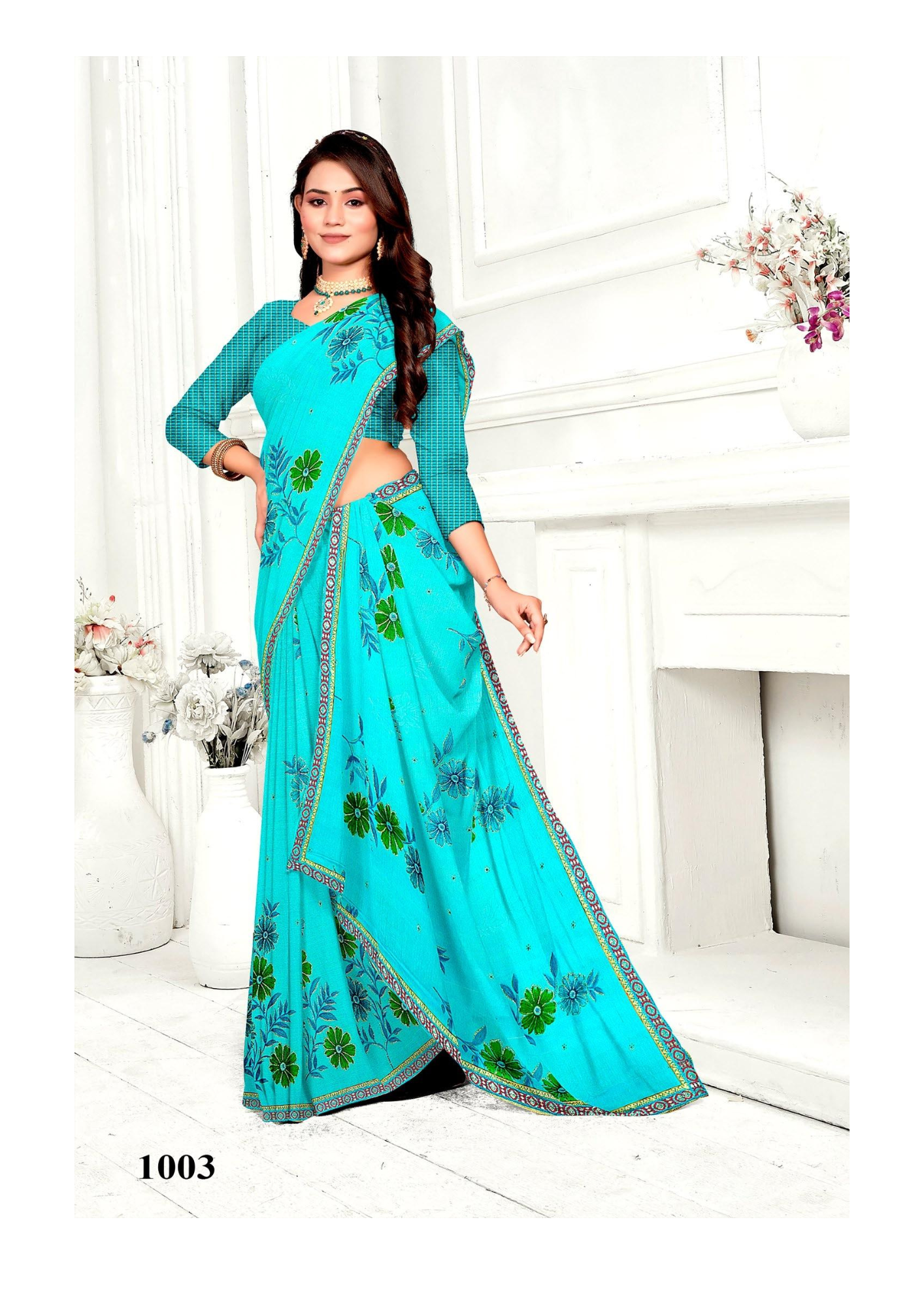 Elegant Pink Floral Embroidered Silk Saree with Matching Blouse – 1001 - Image 3