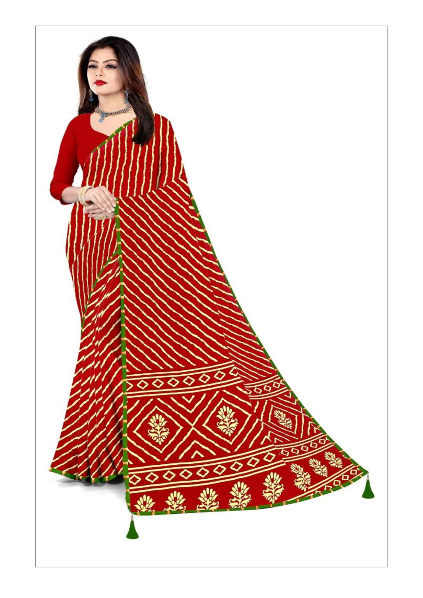 Crimson Red Striped Saree with Traditional Motif Border – Elegant Ethnic Wear for Festive & Daily Occasions