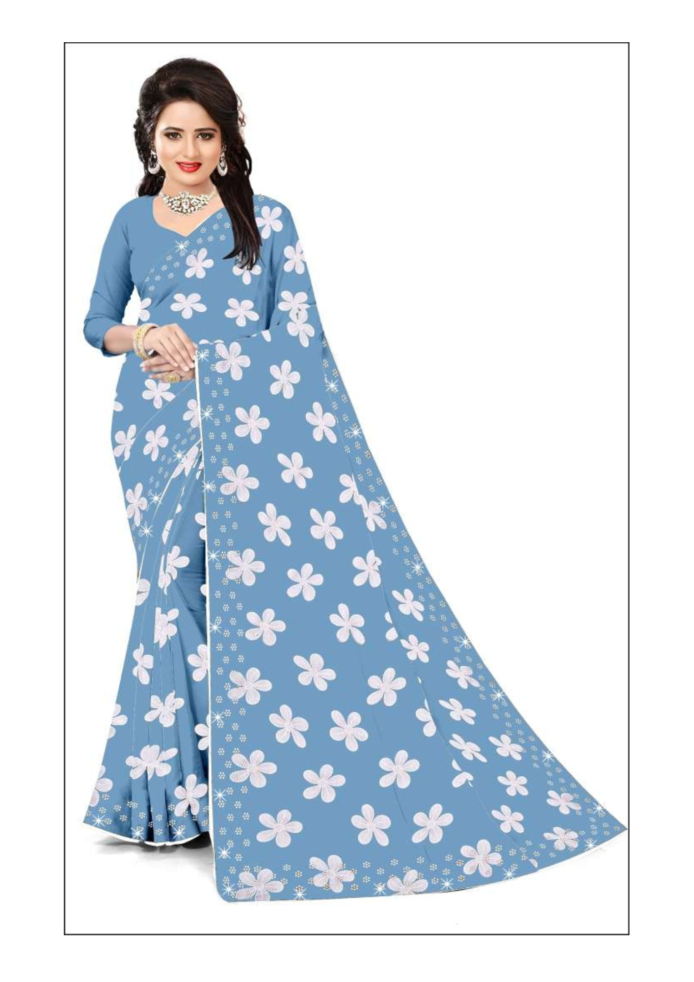 Elegant Sky Blue Floral Printed Saree with Matching Blouse – Classic Everyday Ethnic Wear