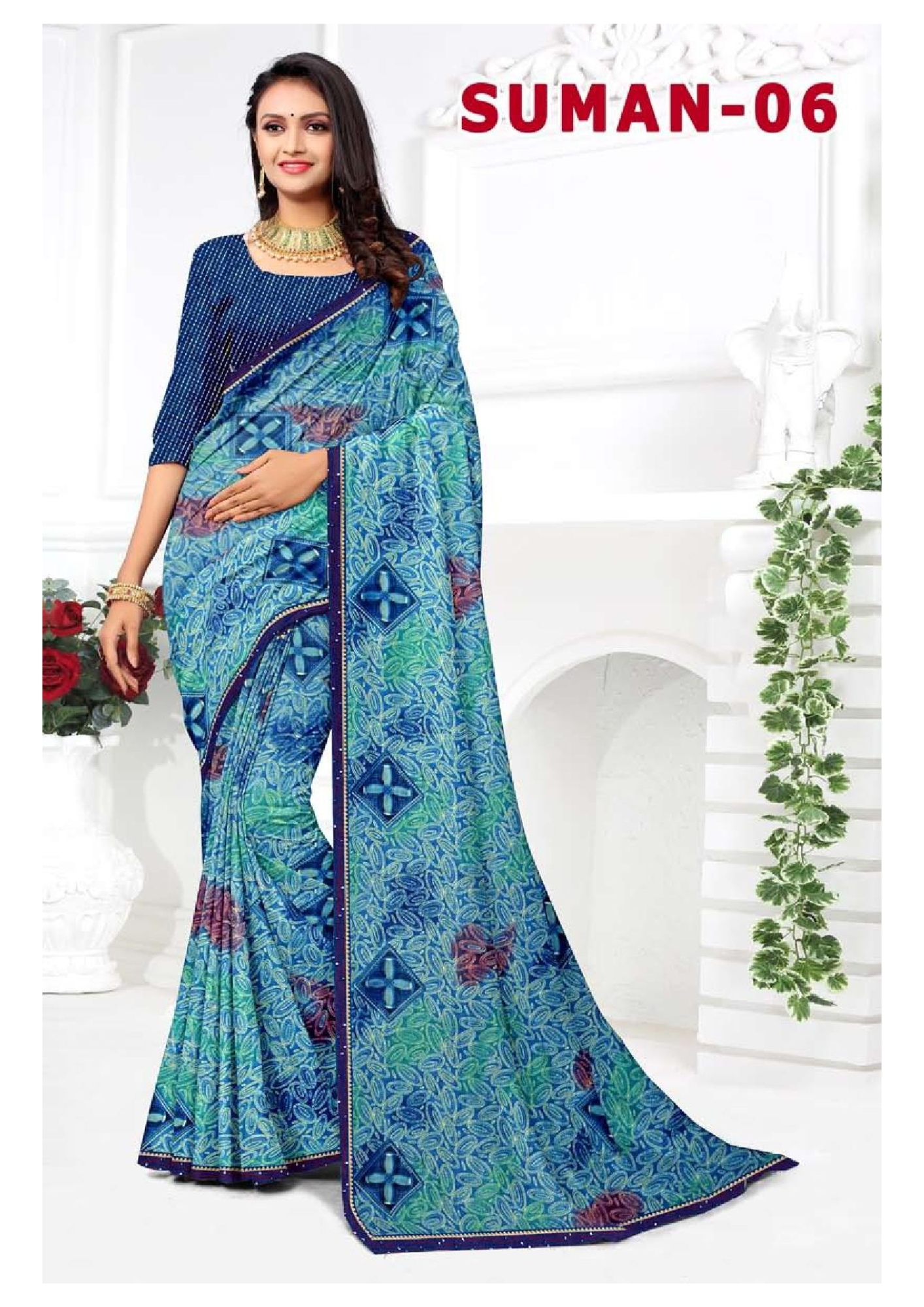 Suman-06 Pink Ethnic Printed Georgette Saree with Matching Blouse - Image 4