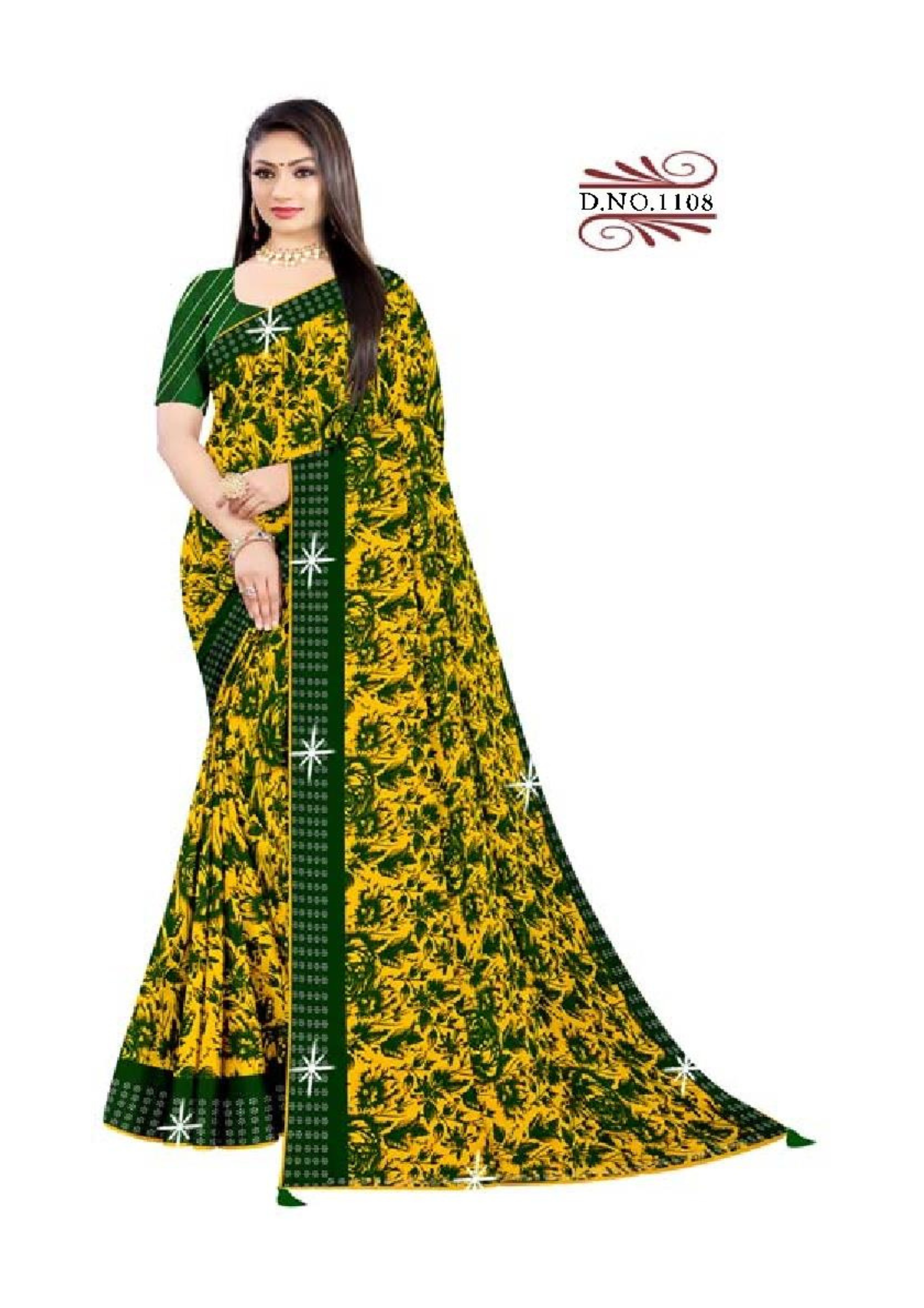 Vibrant Mustard Yellow & Green Printed Saree with Traditional Border – Lightweight Daily & Festive Wear Saree with Blouse Piece