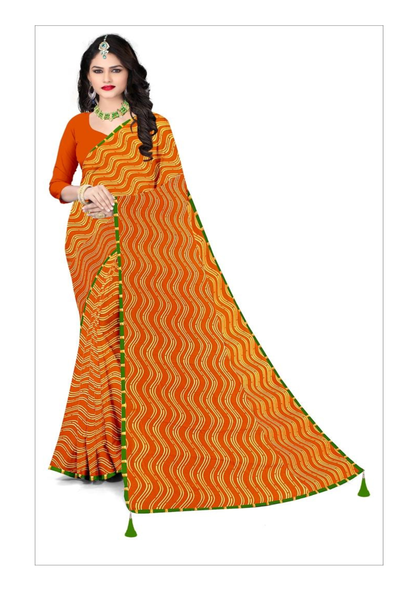 Vibrant Orange Wavy Printed Saree with Green Tassel Border – Elegant Daily & Festive Wear