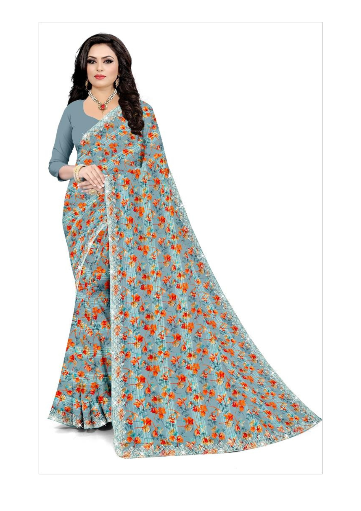 Sky Bloom Floral Georgette Saree – Elegant Light Blue Printed Saree with Unstitched Blouse Piece