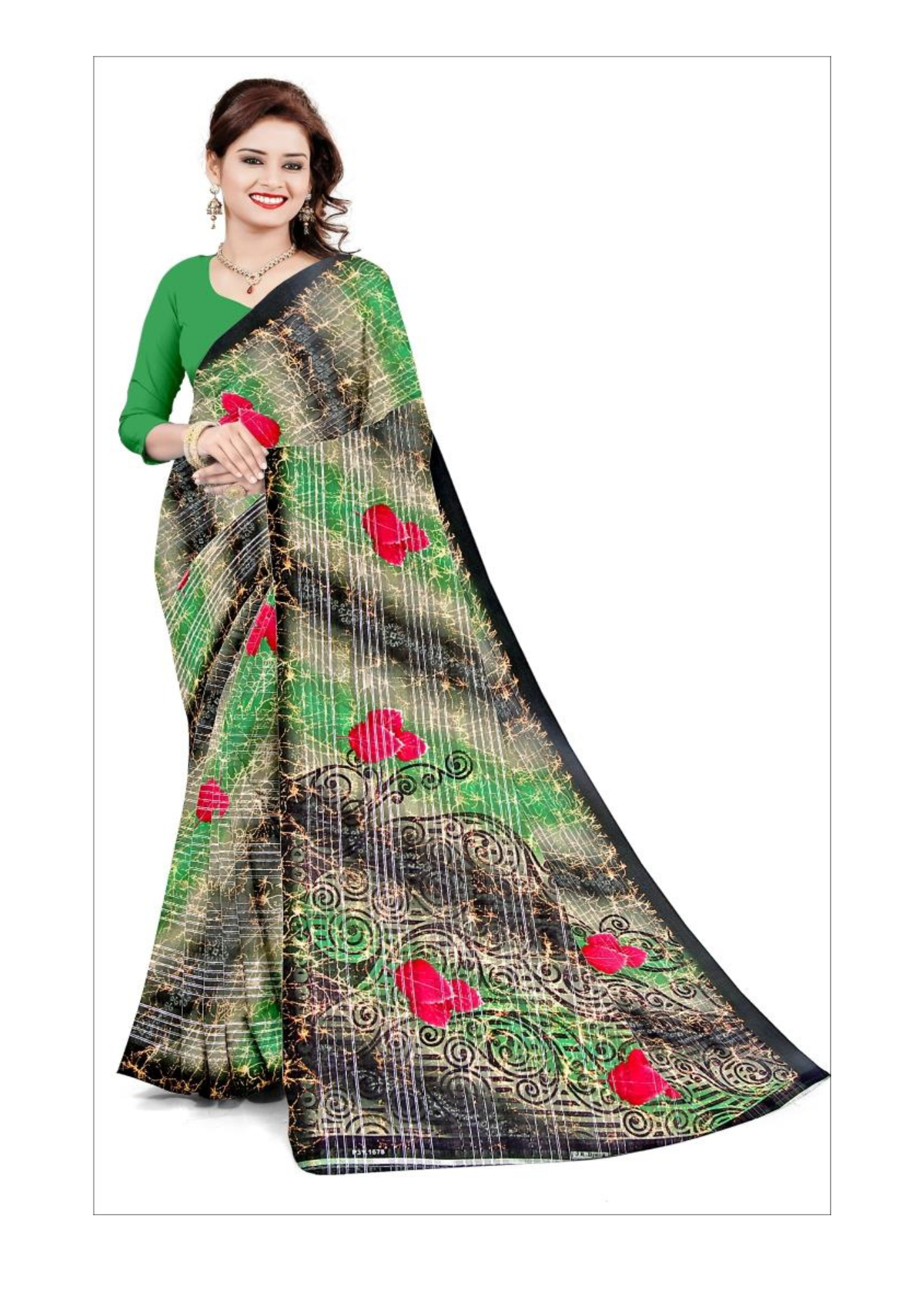Elegant Green & Black Printed Saree with Red Floral Accents – Lightweight Daily & Festive Wear Saree