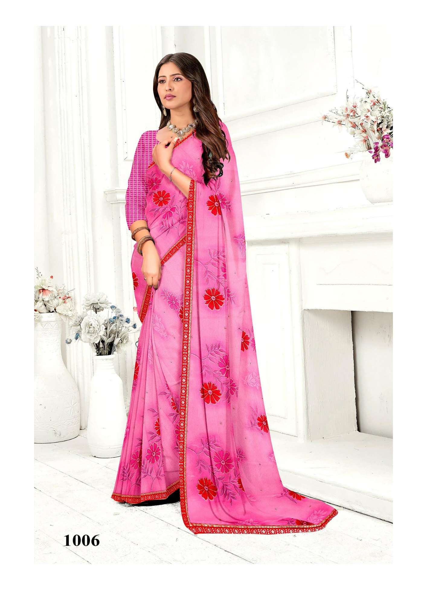 Elegant Pink Floral Embroidered Silk Saree with Matching Blouse – 1001 - Image 6