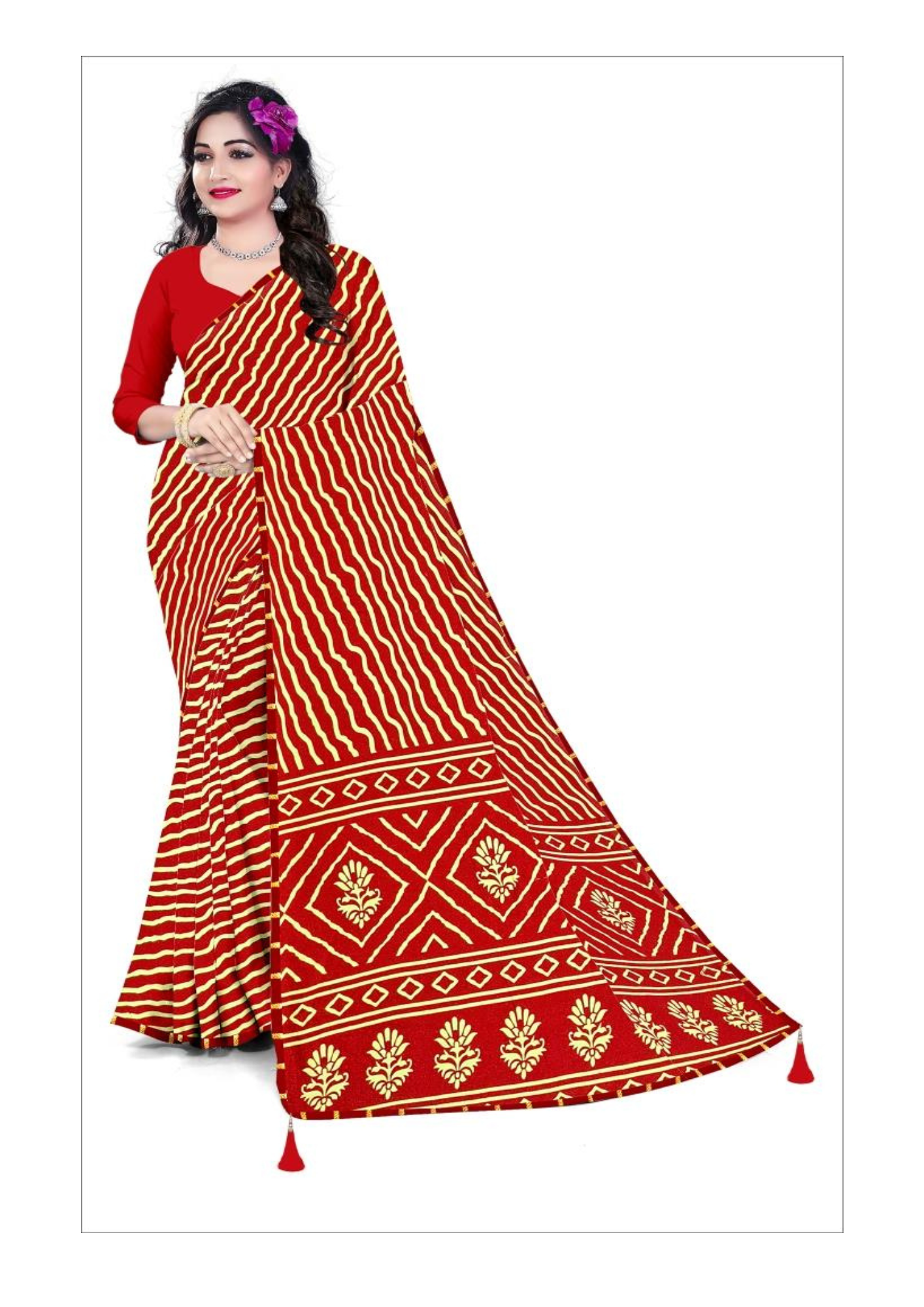 Crimson Red Striped Saree with Traditional Motif Border – Elegant Ethnic Wear for Festive & Daily Occasions - Image 2