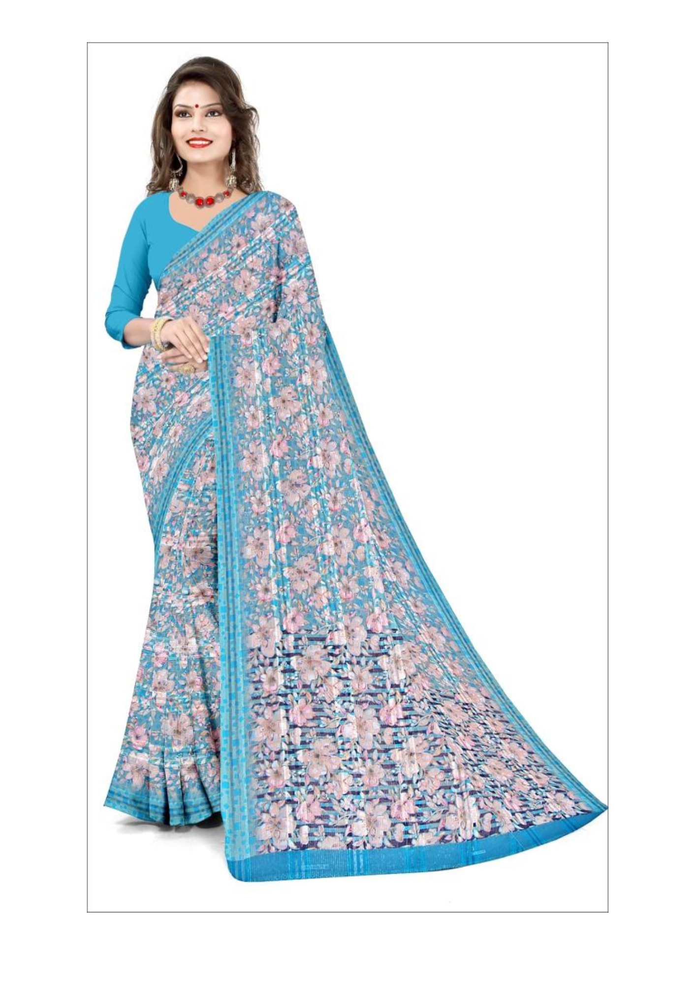 Azure Blossom Floral Printed Georgette Saree with Elegant Border – Perfect for Festive & Daily Wear