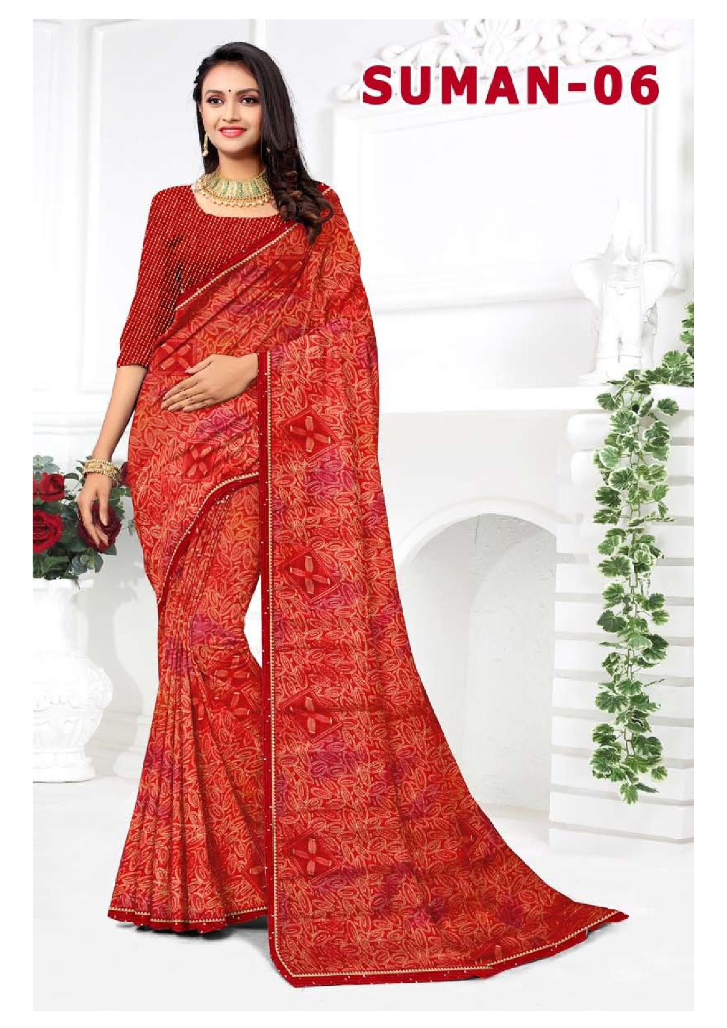Suman-06 Pink Ethnic Printed Georgette Saree with Matching Blouse - Image 7