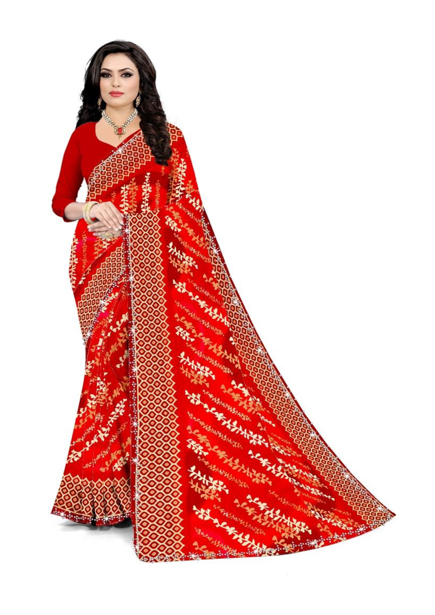 Crimson Charm Red Printed Saree – Elegant Lightweight Saree with Traditional Motifs