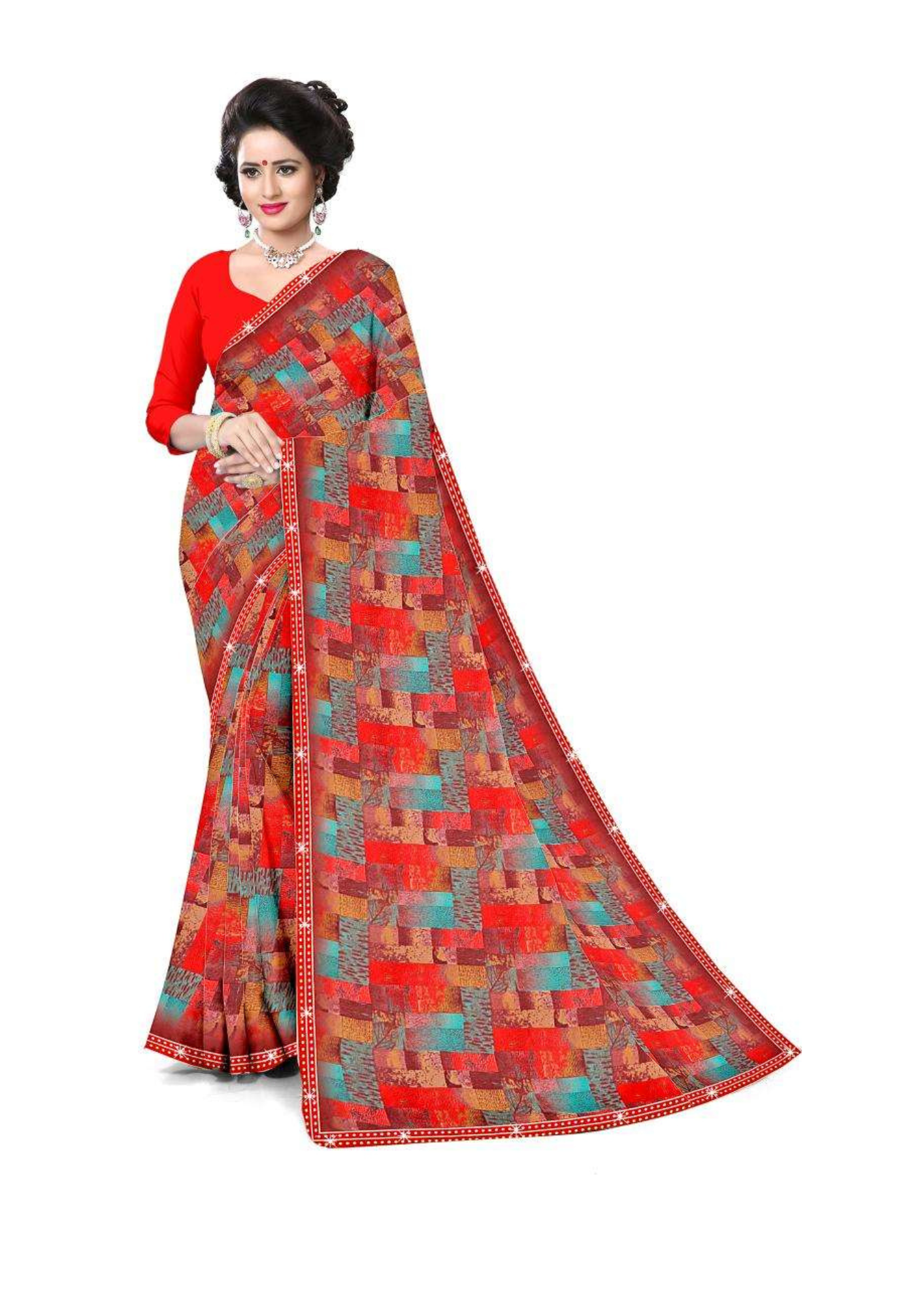 Scarlet Weave Geometric Print Saree – Vibrant Festive Elegance for Every Occasion