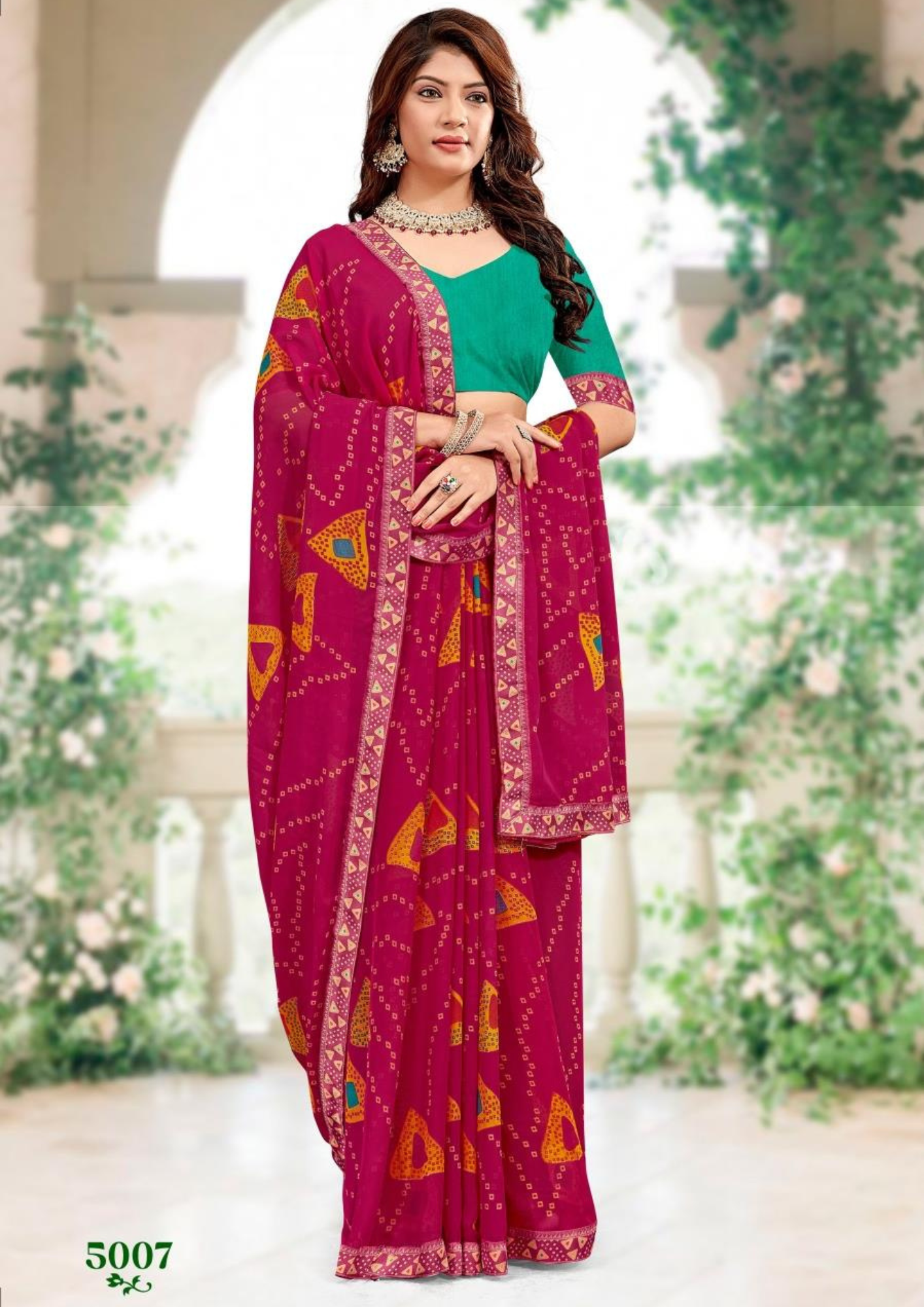 Royal Magenta Bandhani Print Georgette Saree with Contrast Green Blouse
