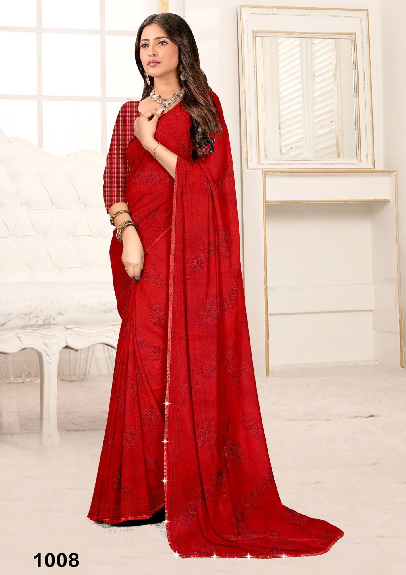 Classic Maroon Woven Cotton Saree with Subtle Floral Prints & Matching Blouse – 1001 - Image 8