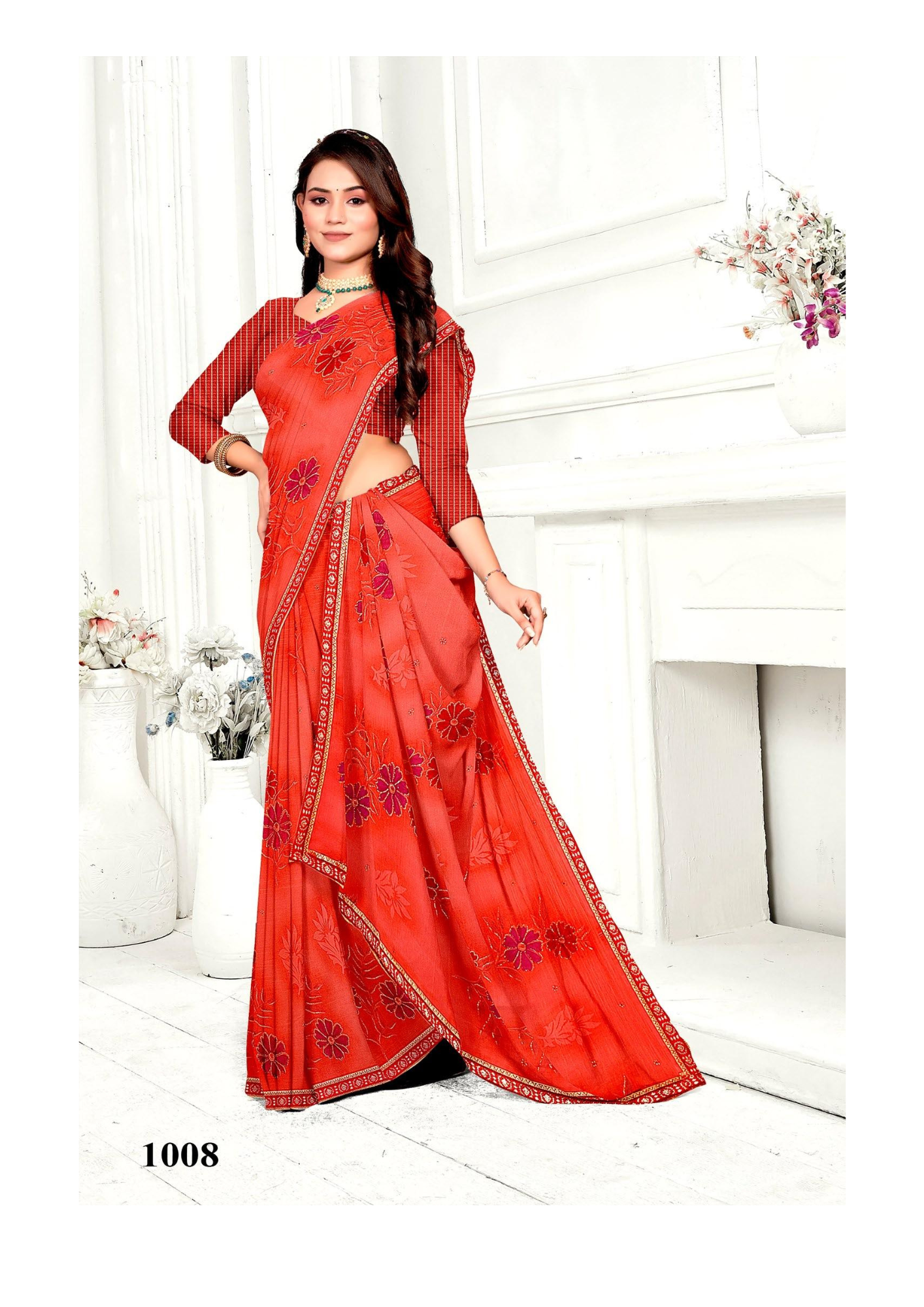 Elegant Pink Floral Embroidered Silk Saree with Matching Blouse – 1001 - Image 8