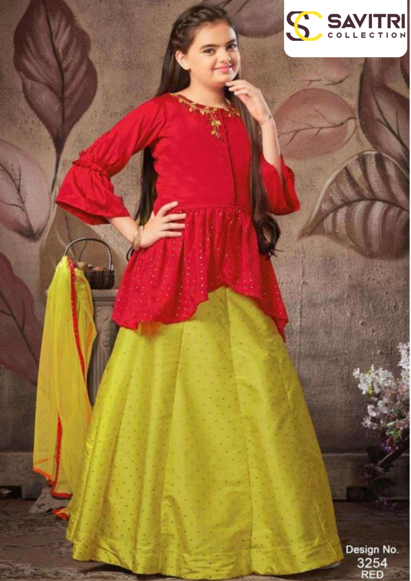 Girls Red & Yellow Silk Lehenga Choli with Dupatta – Savitri Collection (Design No. 3254)