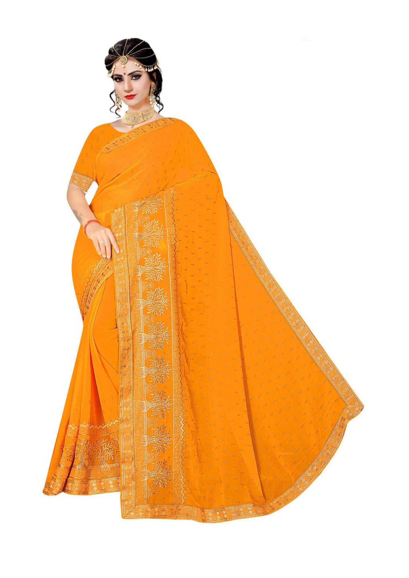 Sunshine Glow Mustard Yellow Saree with Elegant Golden Embroidery & Border Work