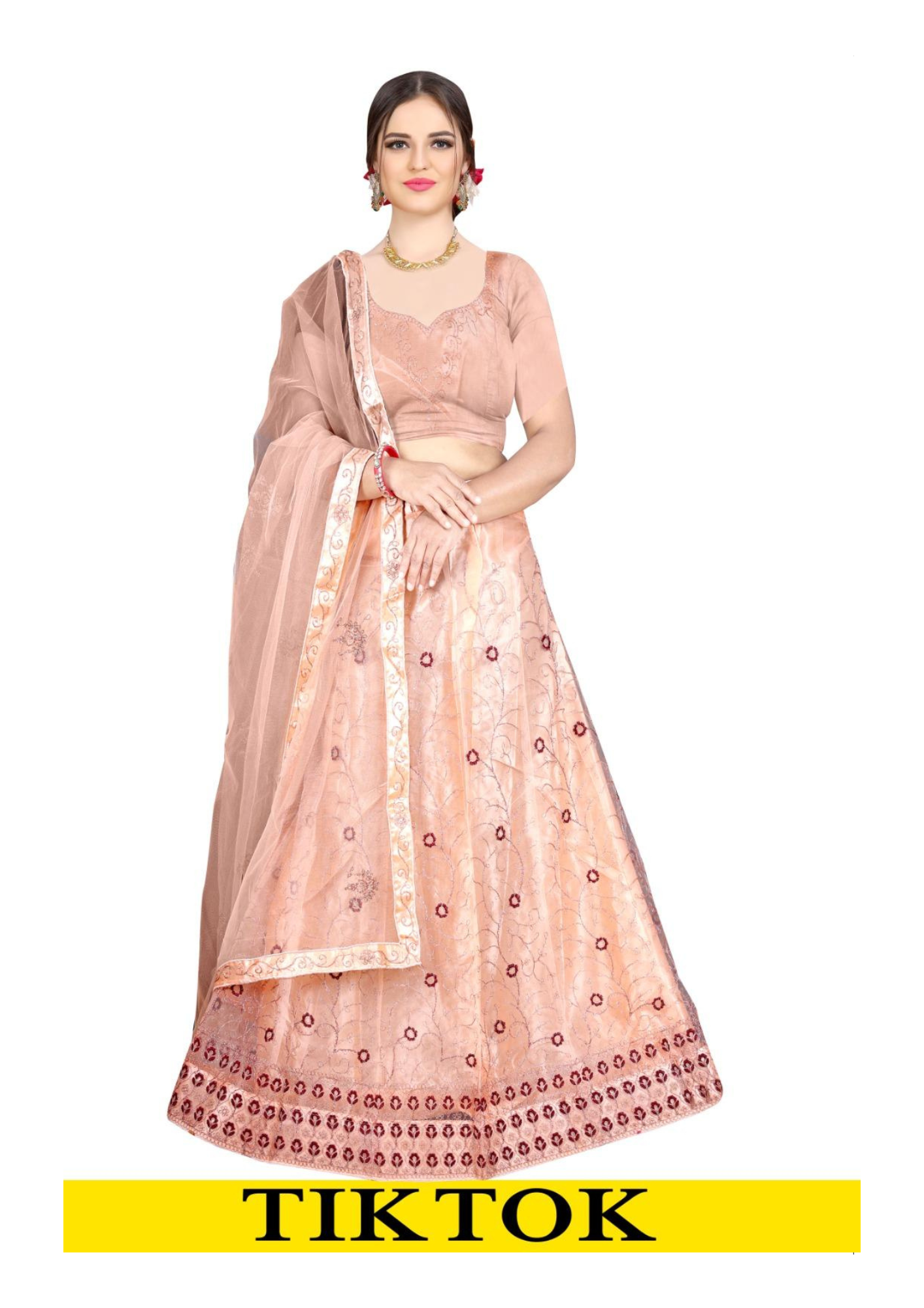 Peach Glow Embroidered Net Lehenga Choli Set – TikTok Collection